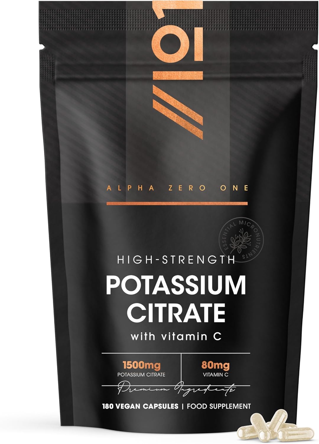 Potassium Citrate 1500mg & Vitamin C 80mg – 180 Veg Capsules – High Strength Formula Providing 500mg Pottasium 100% NRV Vitamin C - by Alpha01