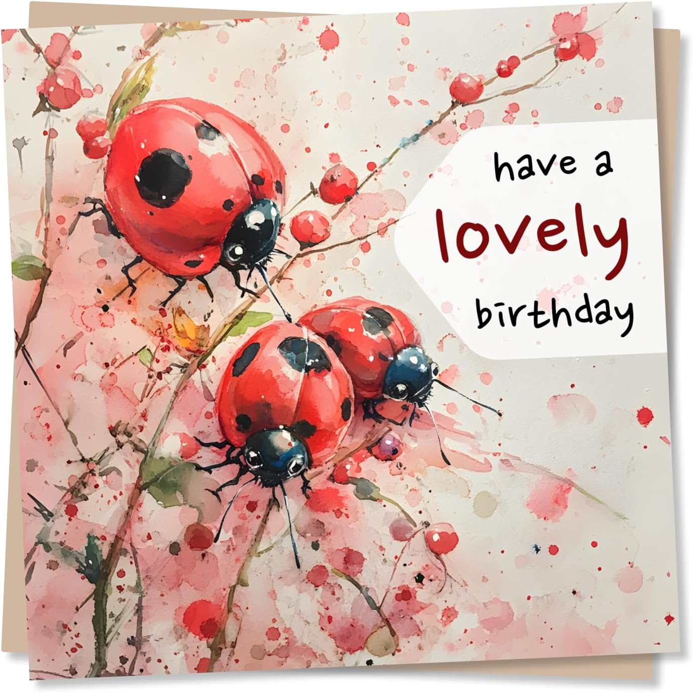 Adorable Ladybugs Happy Birthday Card - Have A Lovely Birthday - Pink & Red Ladybird Birthday Card For Women, Nature Lovers