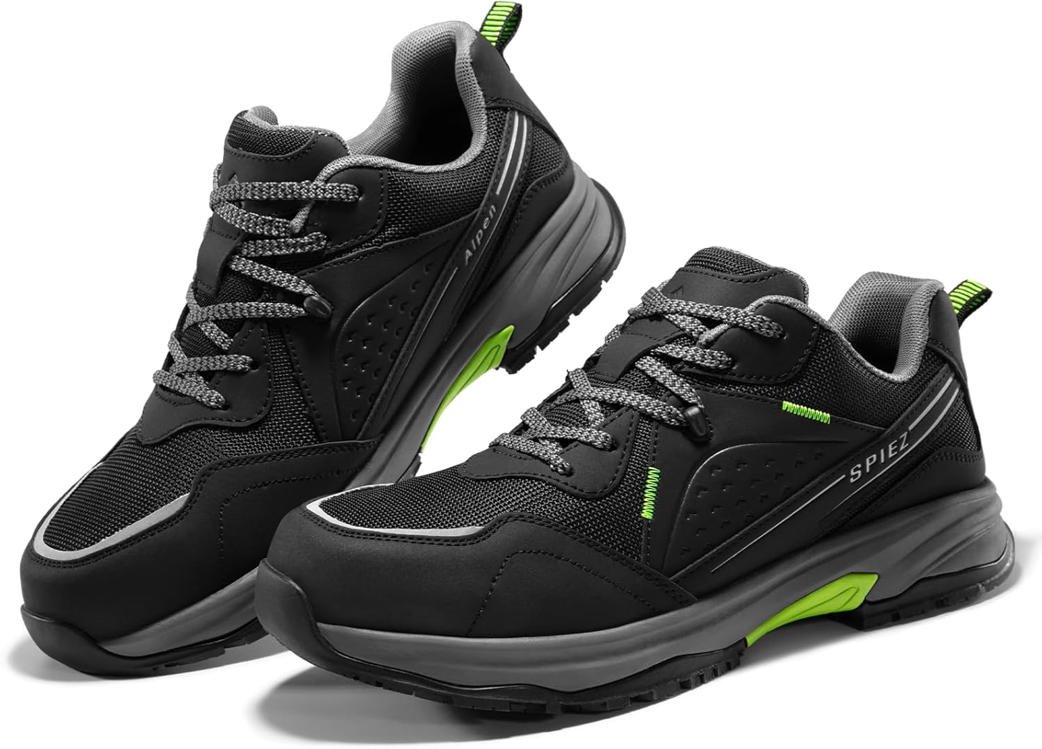 SPIEZ Men’s Safety Work Shoes,Composite Toe, Slip and Oil Resistant,Work Sneakers for Construction,Warehouse Black/Green(US 7.5-12)