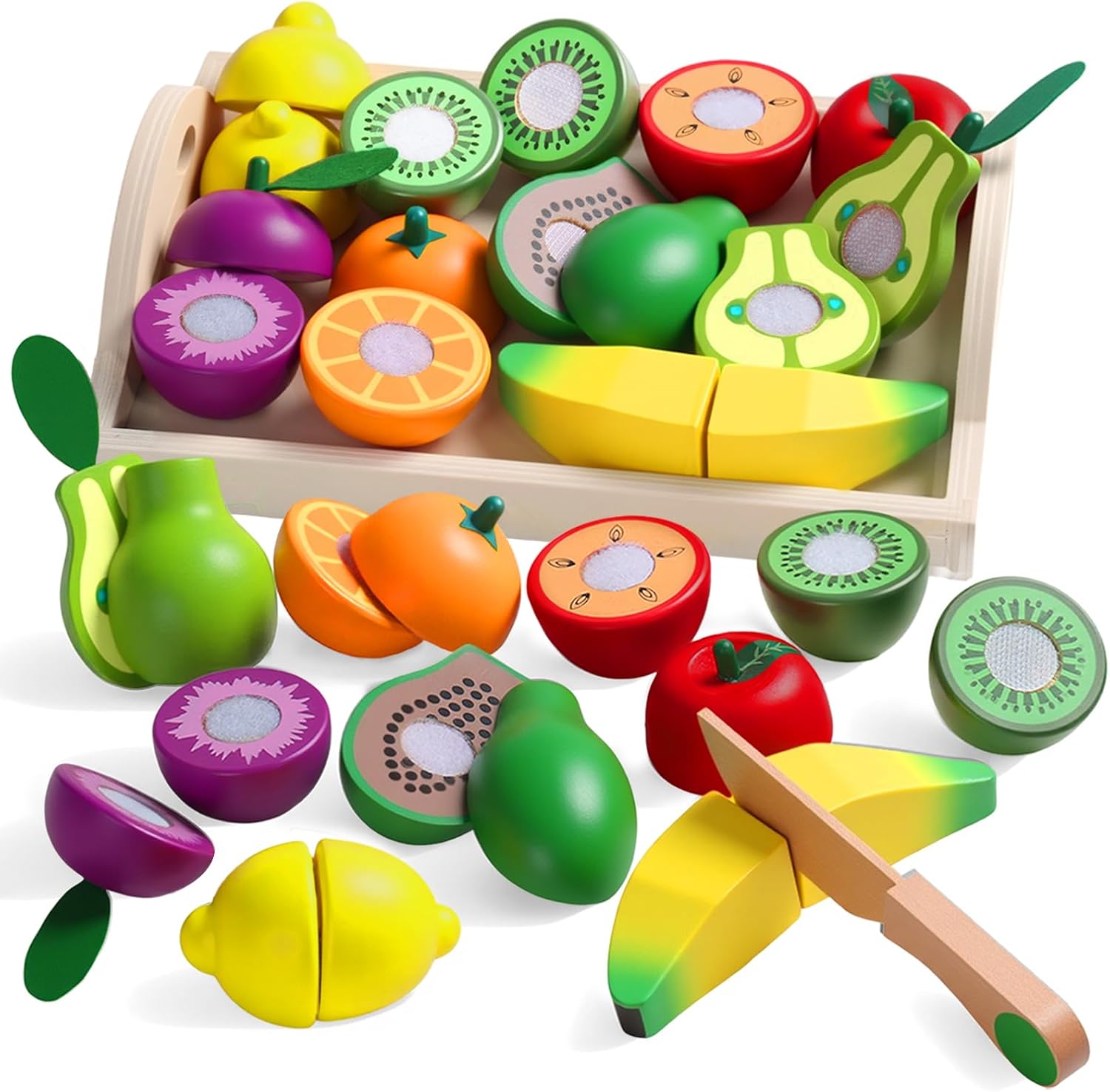 Fajiabao Wooden Play Food Set for Kids Kitchen Montessori Toddlers Toys 1-3 Pretend Cutting Fruit Educational Easter Birthday Gifts for Girls Boys 2 3 4 Year Old