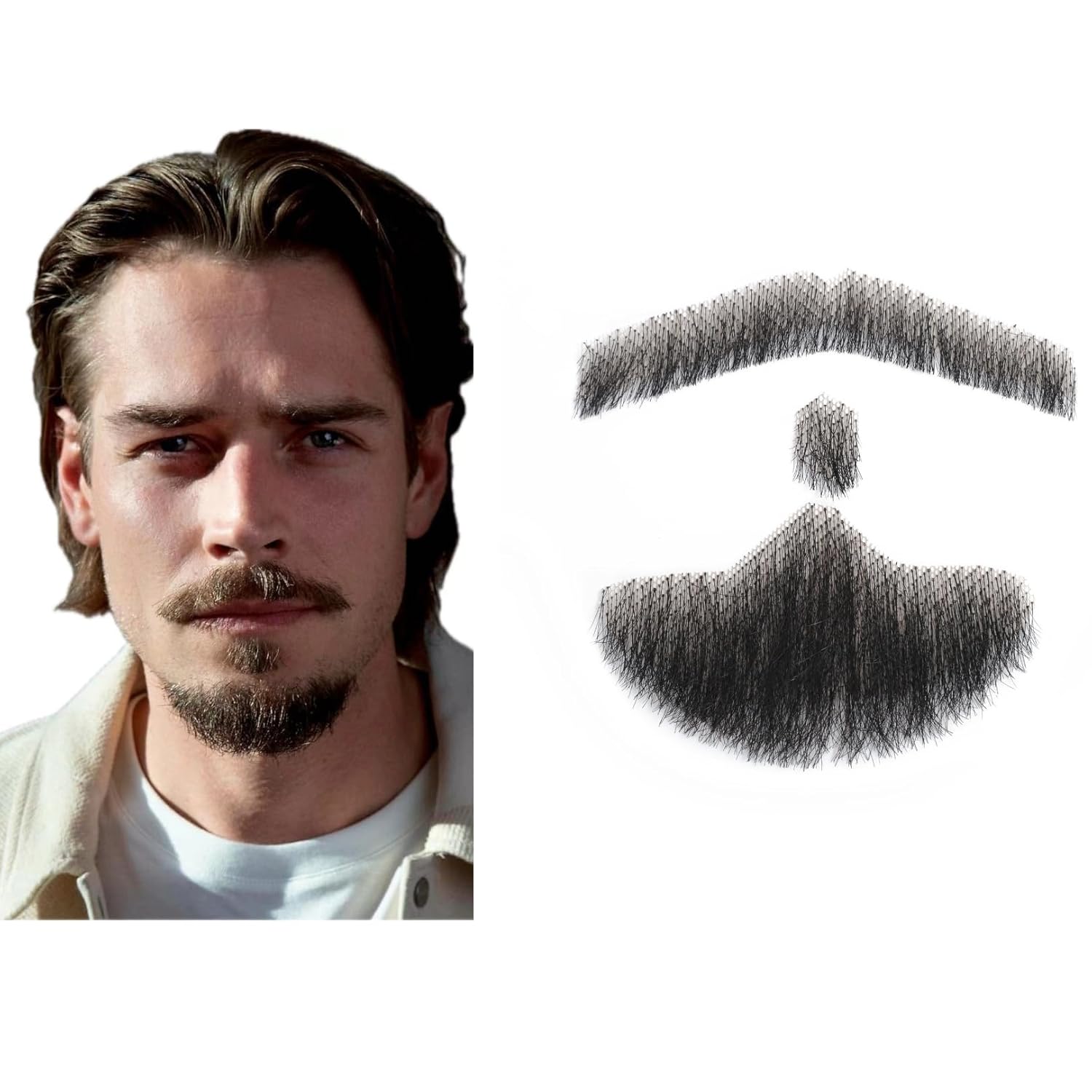 Fake Mustache, Natural Looking Human Hair Fake Beard, Handmade with Invisible Lace Fake Facial Hair for Entertainment/Drama/Halloween/Funny Cosplay (Black Fake Mustache)