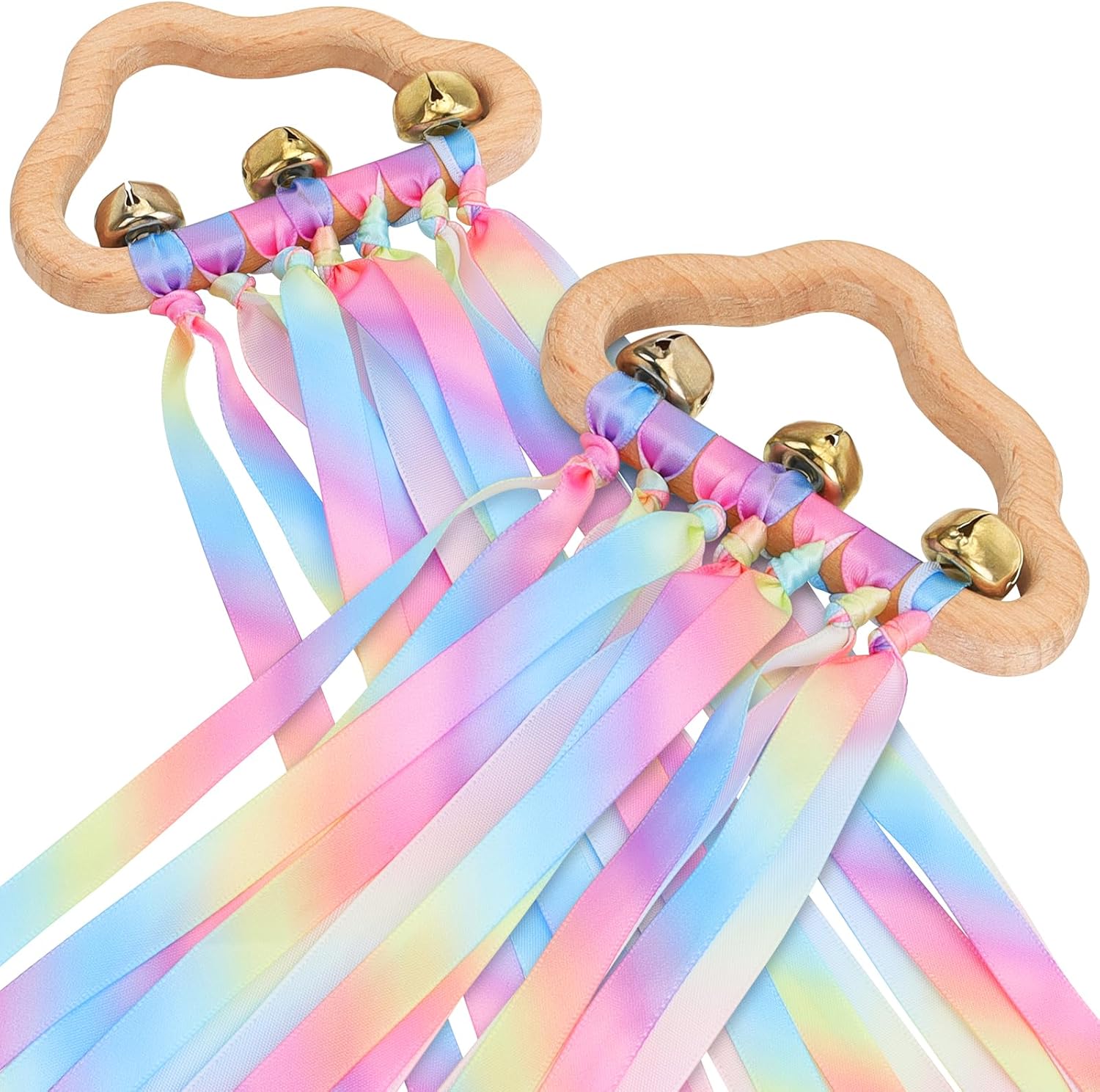 Sensory Toys for Babies - 2 Pack Teething Sensory Toy Rainbow Ribbons Rattle Toys Baby Wooden Toys for Babies Infant Toddler 3-24 Months Light Gradient