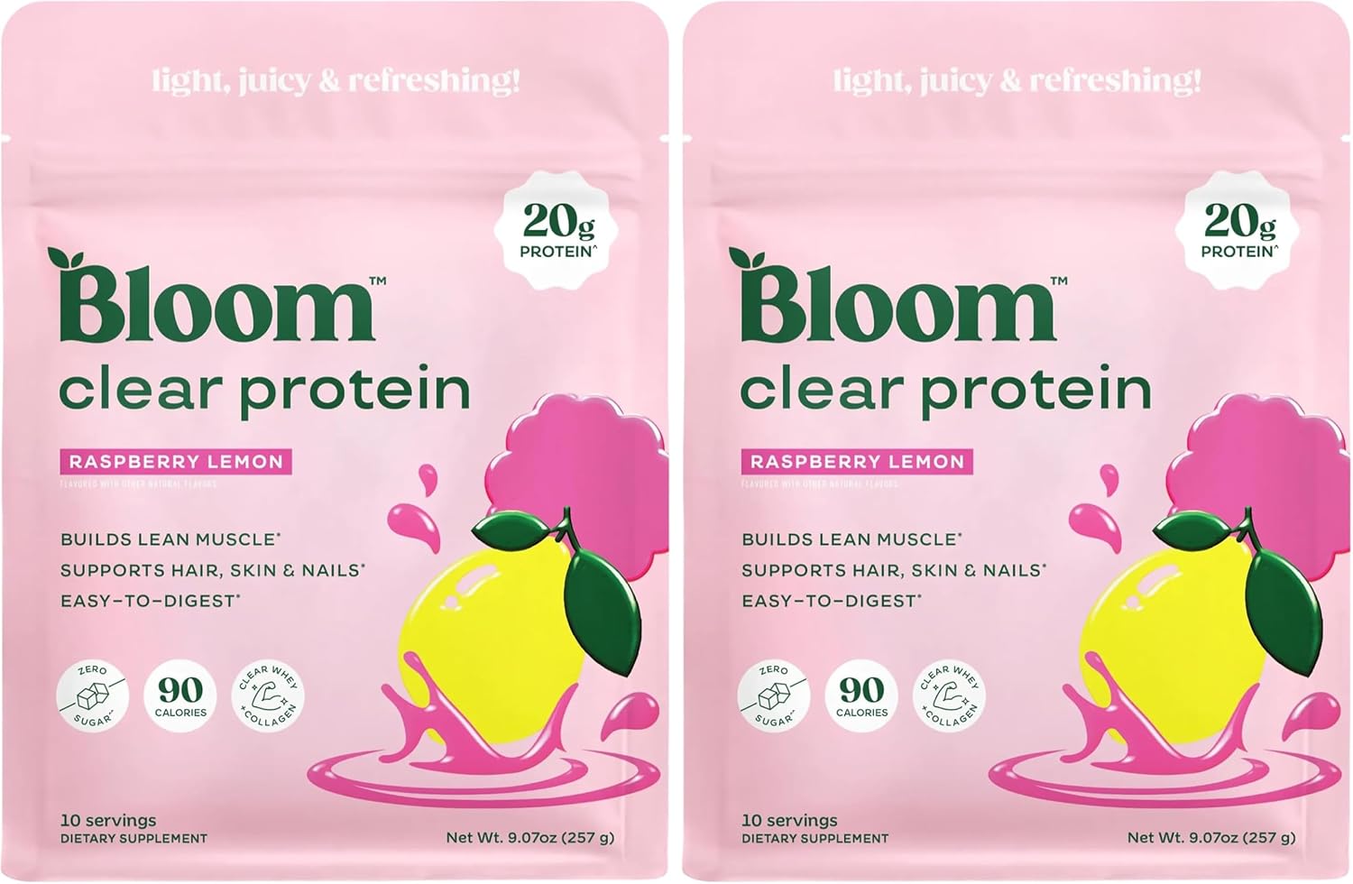 Bloom Whey Clear Protein, Raspberry Lemonade 10 Servings, 9.07 fl oz (Pack of 2)