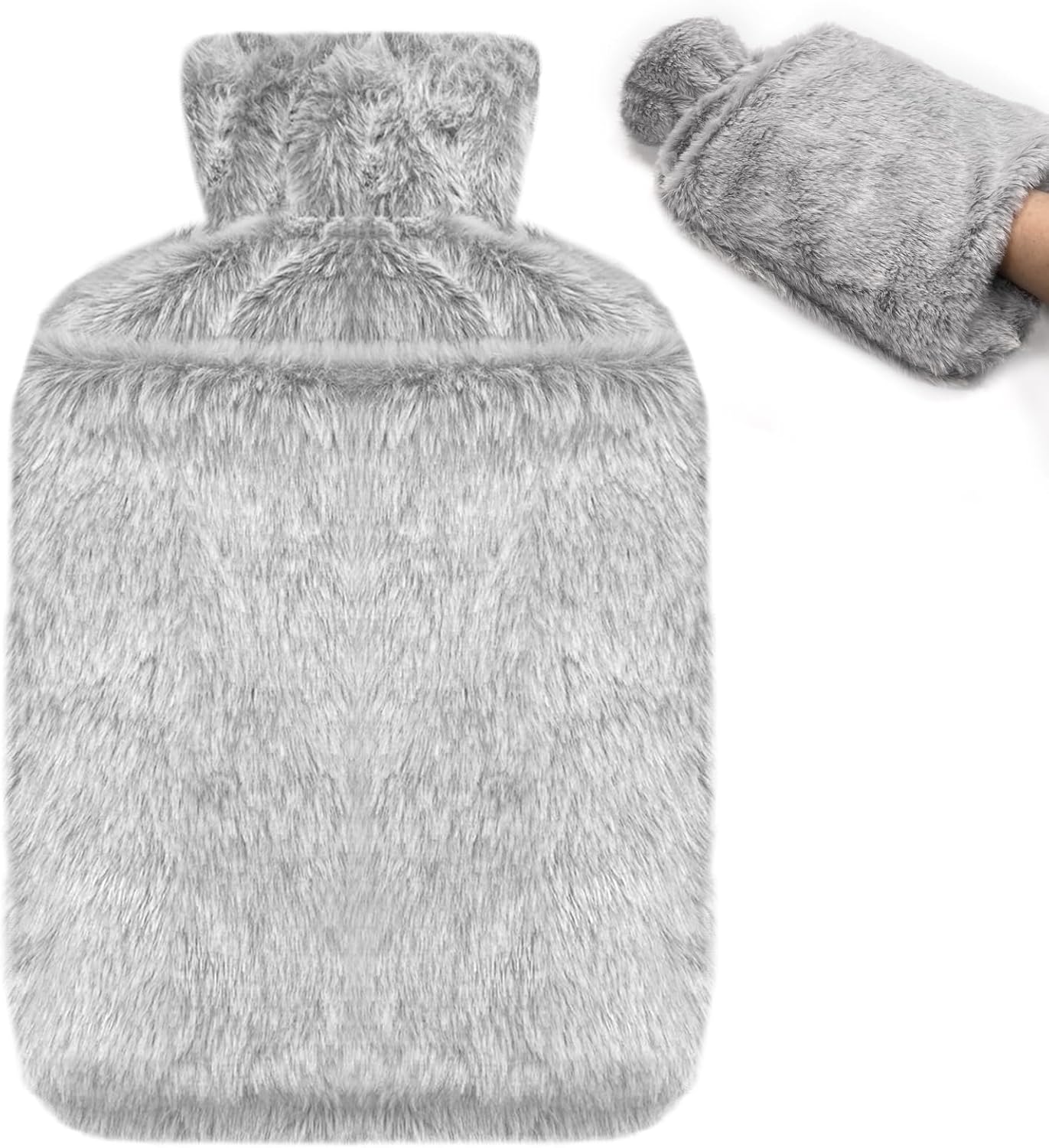Jsdoin Hot Water Bottle with Luxury Cosy Faux Fur Cover UK, 2L Leakproof Hot Water Bag for Neck, Shoulder Pain and Hand Feet Warmer (Grey)