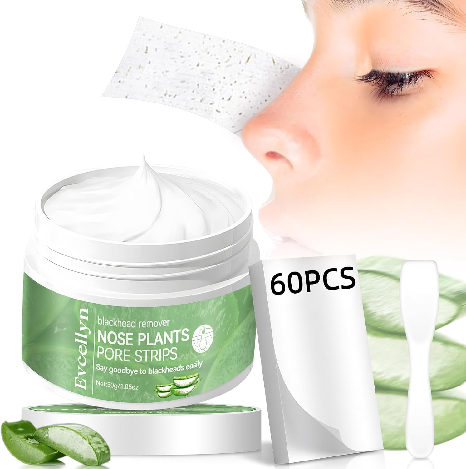 Eveellyn Blackhead Remover Mask 30g, Pore Strips 60 pcs, Deep Cleansing Pore Strips for Blackheads，Tighten Pores for All Skin Type, Removes Impurities and Excess Oil, for Women and Men