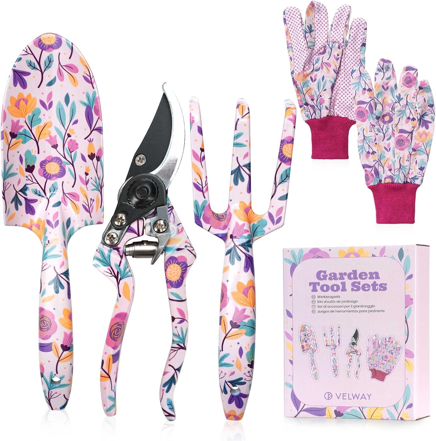 Gardening Gifts for Women Mum - Velway 5-Piece Gardening Tools with Gift Box&Gloves Floral Print Metal Garden Tools Set for Ladies Gardeners Mothers Day Christmas Birthday