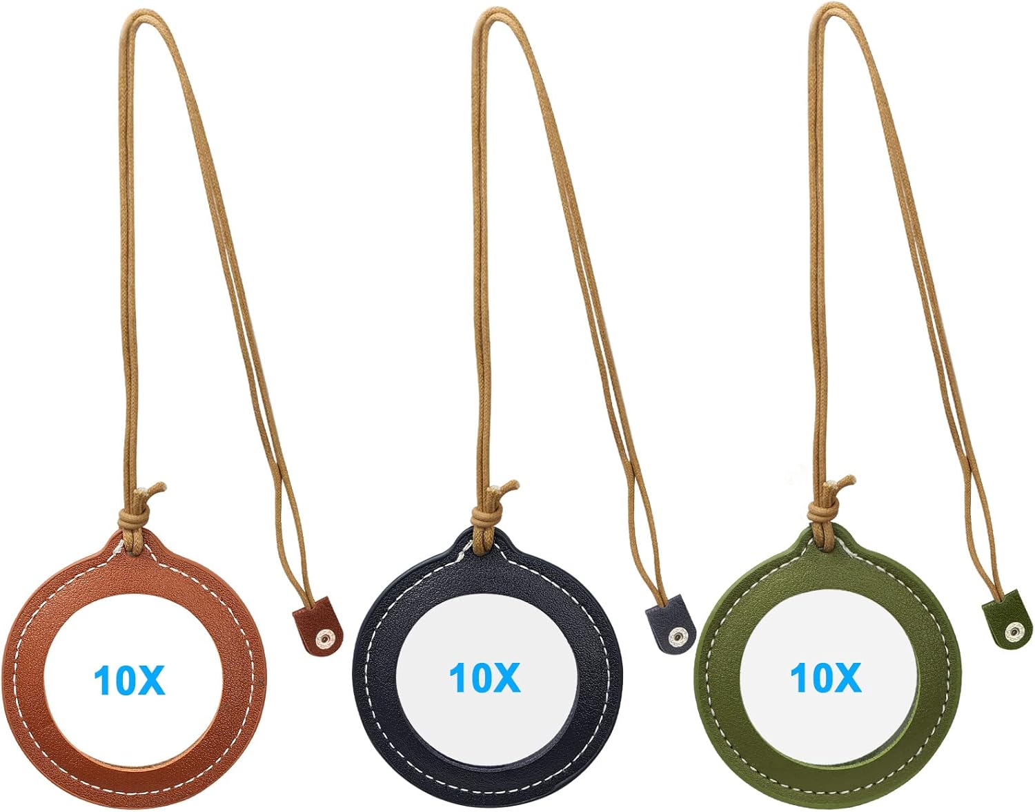3Pcs Leather Necklace Magnifying Glass, 10X Reading Magnifier for Seniors & Kids, 80MM Magnifying Lens for Book Newspapers Reading,Inspection, Coins, Jewelry, Exploring