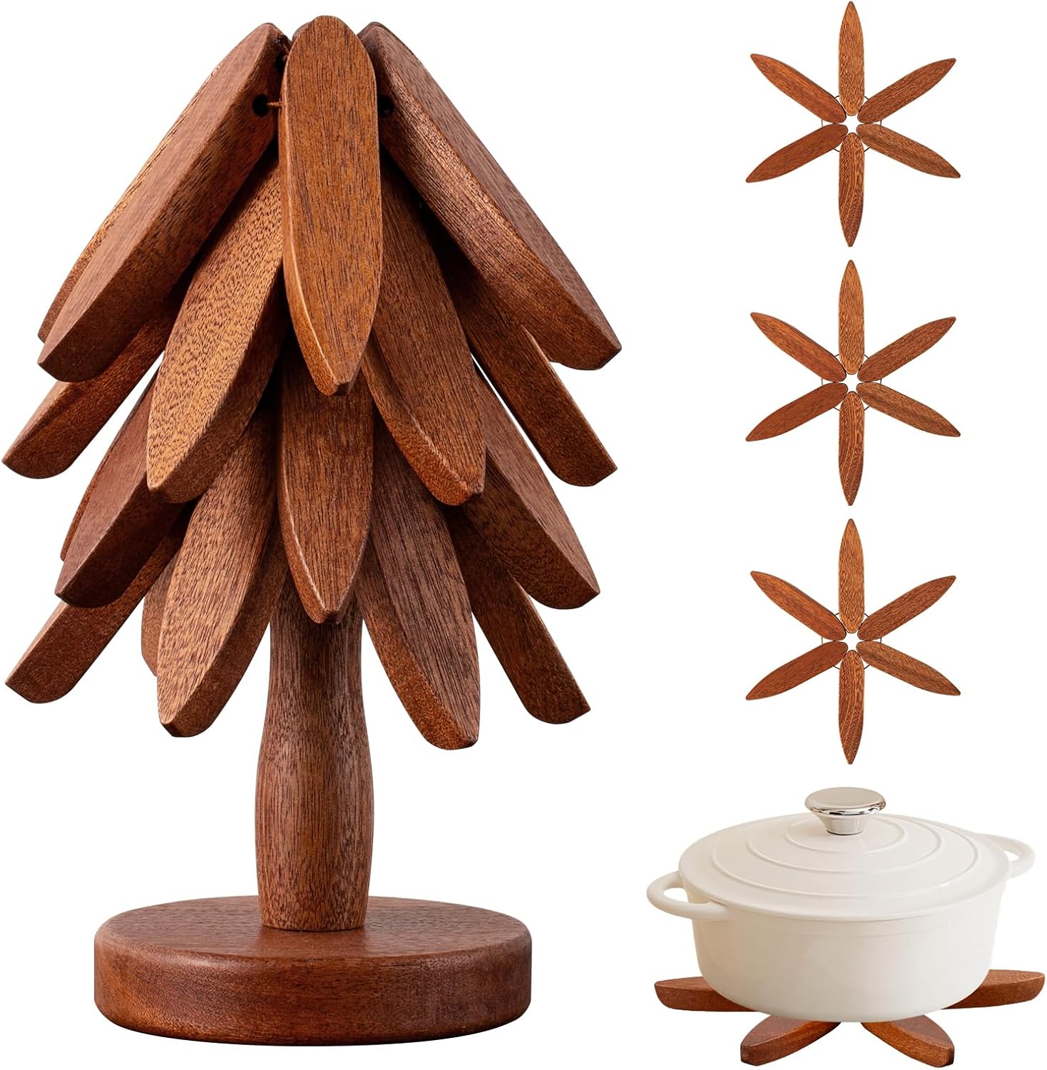 Wooden Trivets for Hot Dishes， Hot Dish Coaster with Tree-Shaped Wood Collapsible Hot Pad Trivet Tree for Restaurant，4 Wooden Trivet + 1 Stand（Walnut Wood）