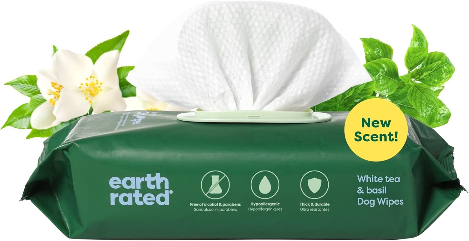 Earth Rated Pet Wipes for Dogs and Cats, Hypoallergenic, 3-in-1 Cleaning, Deodorizing and Hydrating, for Grooming Paws, Body and Bums, New White Tea and Basil Scent, 100 Count