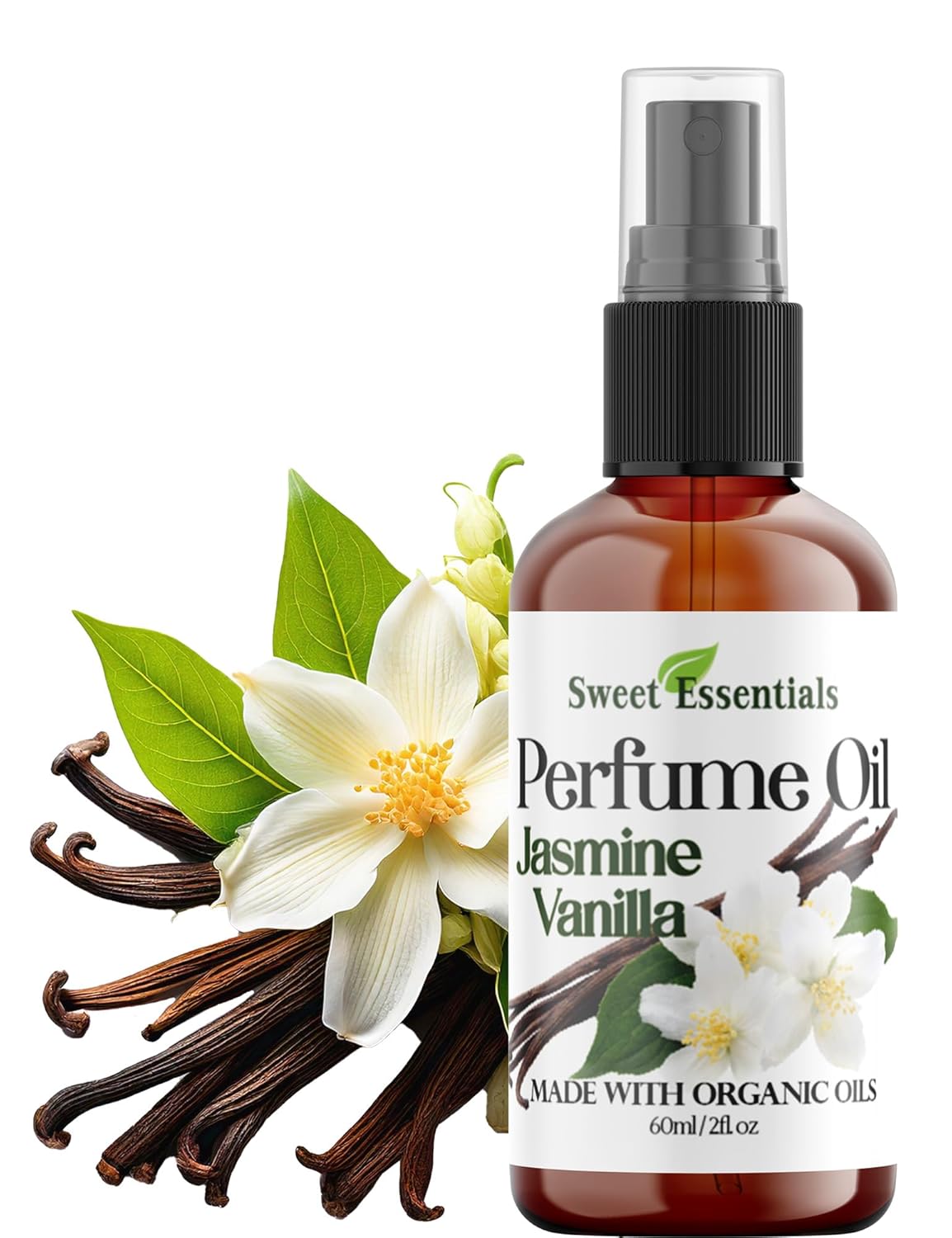 Sweet Essentials JASMINE VANILLA, Fragrance/Perfume Oil, Made with Organic Oils, 2oz, Spray on Perfume Hair & Body Oil - Alcohol, Silicone & Preservative Free