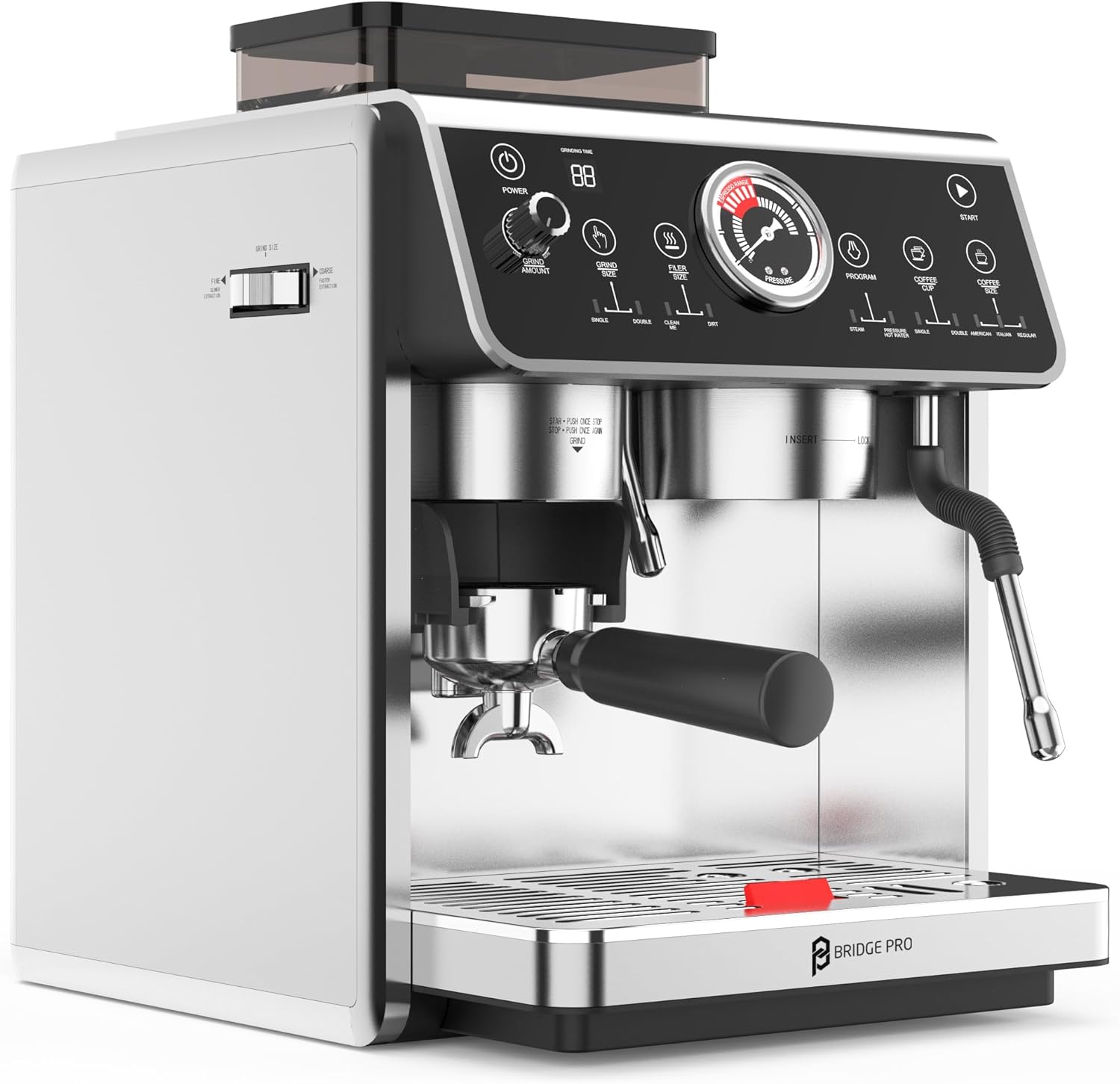 Bridge Pro Bean-to-Cup Semi-Professional Espresso Coffee Machine – Double Boiler System, Dual Water Pump, Milk Froth, Easy Coffee Making - 2,800W, Stainless steel, 2.7L Water Tank.