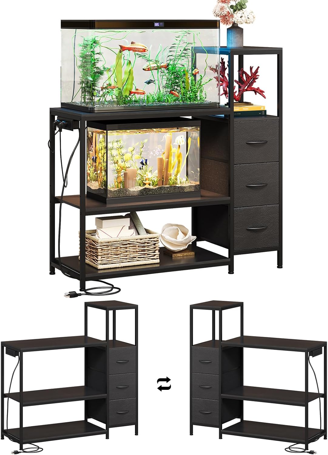 20 Gallon Aquarium Stand with Drawers & Power Outlet, Black