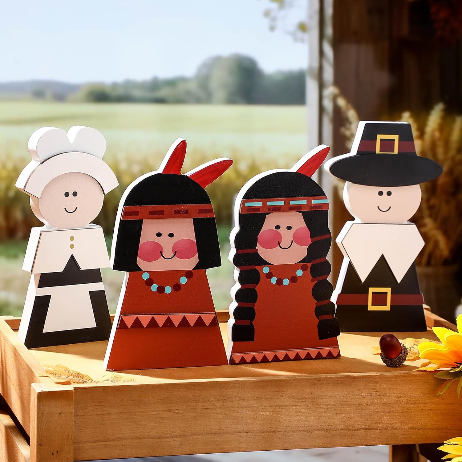 Chunful 4 Pcs Thanksgiving Decorations Large 7in Fall Decor Wooden Pilgrim Couple Table Sign Native American Figurines Tabletop Thanksgiving Standing Centerpieces for Autumn Harvest Home Kitchen