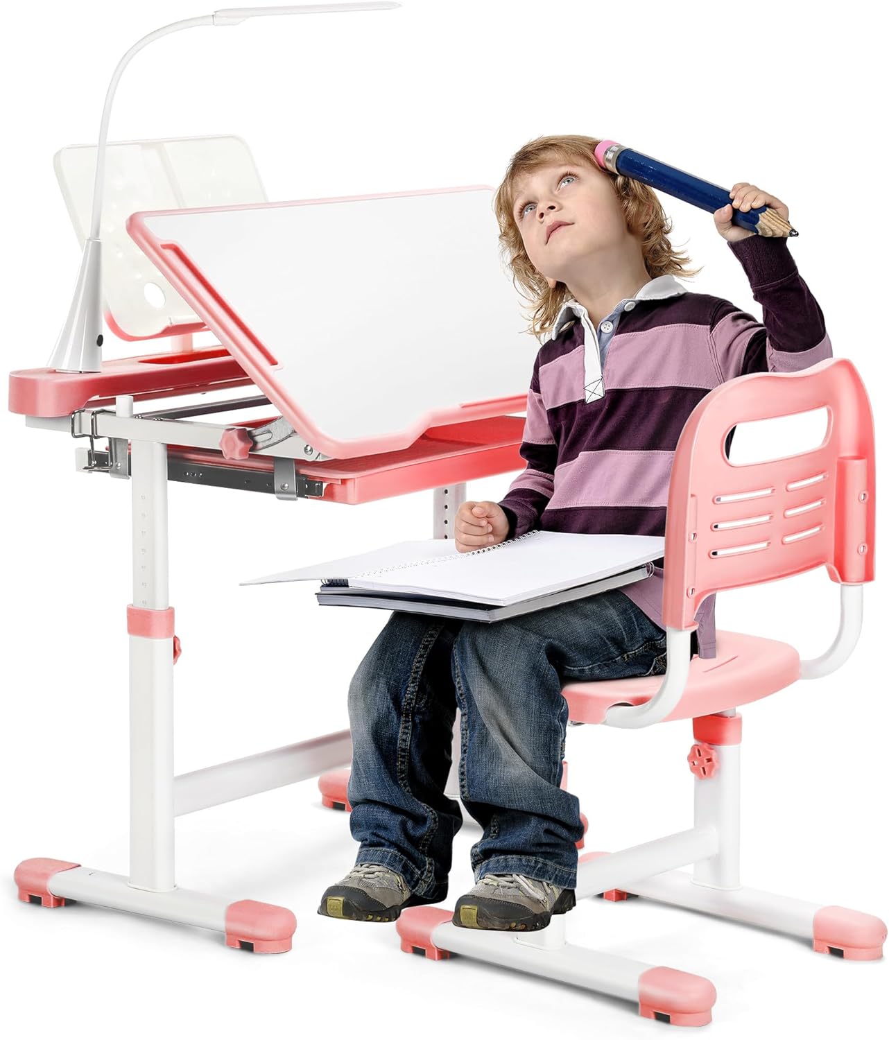 Rengue Kids Desk and Chair Set Height Adjustable School Study Desk and Chair with 55° Tiltable Desktop, 3 Modes &3 Brightness LED Lamps, Storage Drawer and Metal Hook for Boys Girls Gifts (Pink)