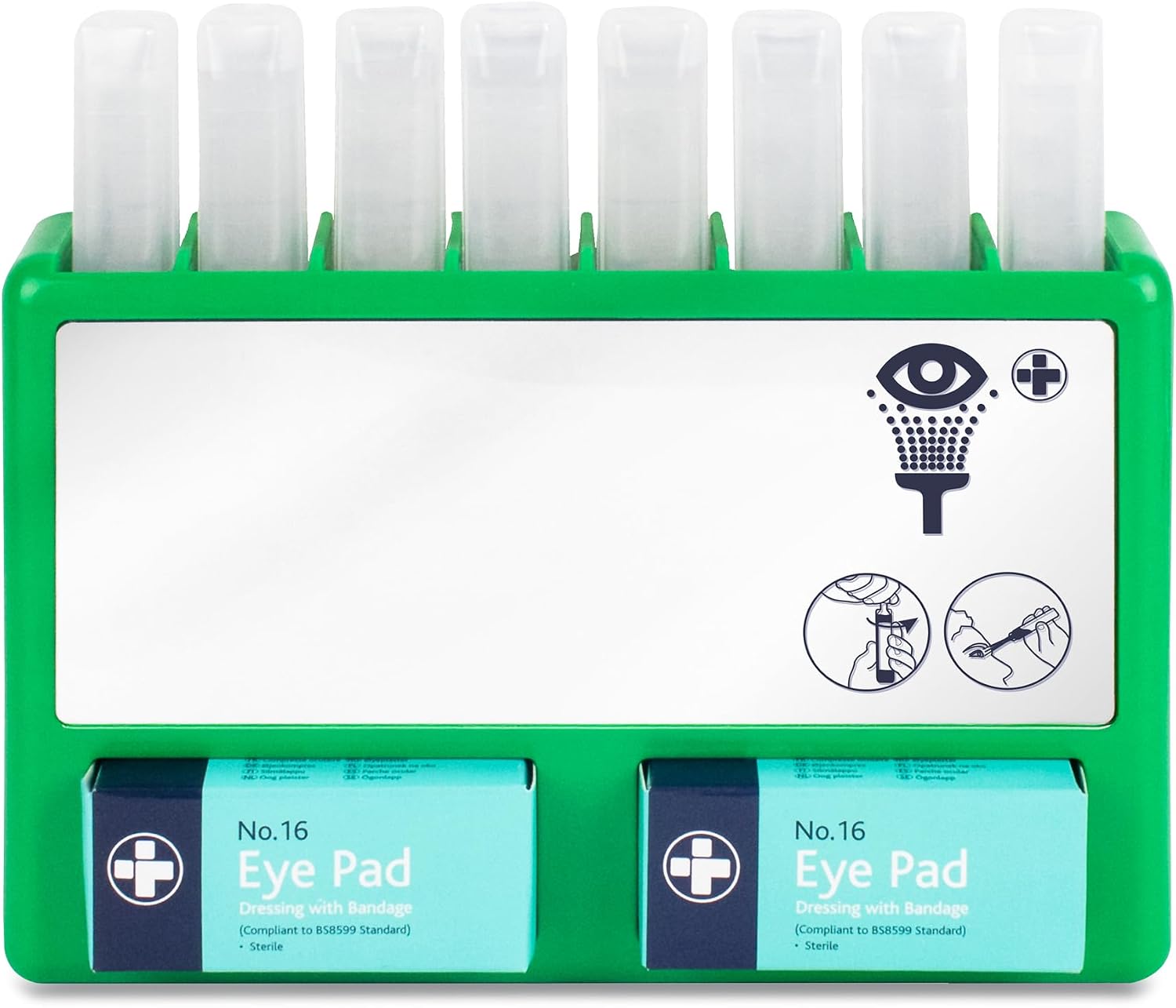 Reliance Medical REL908 Complete Eyecare Pod Station, Ideal for Minor Irritation, Sterile Saline Eye Wash Solution Kit | 20ml Pods. 24.5 cm H x 33 cm W x 2.5 cm D (Green)