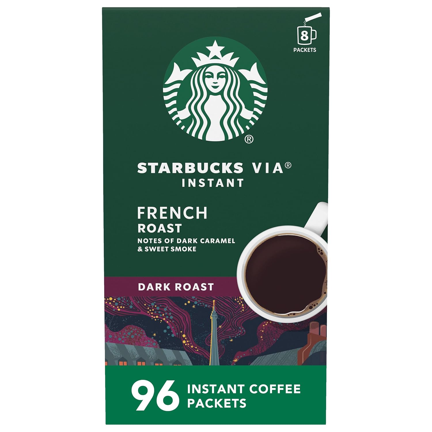 Starbucks VIA Instant Coffee Packets, Single Serve, Dark Roast Coffee, French Roast, 96 Packets 
