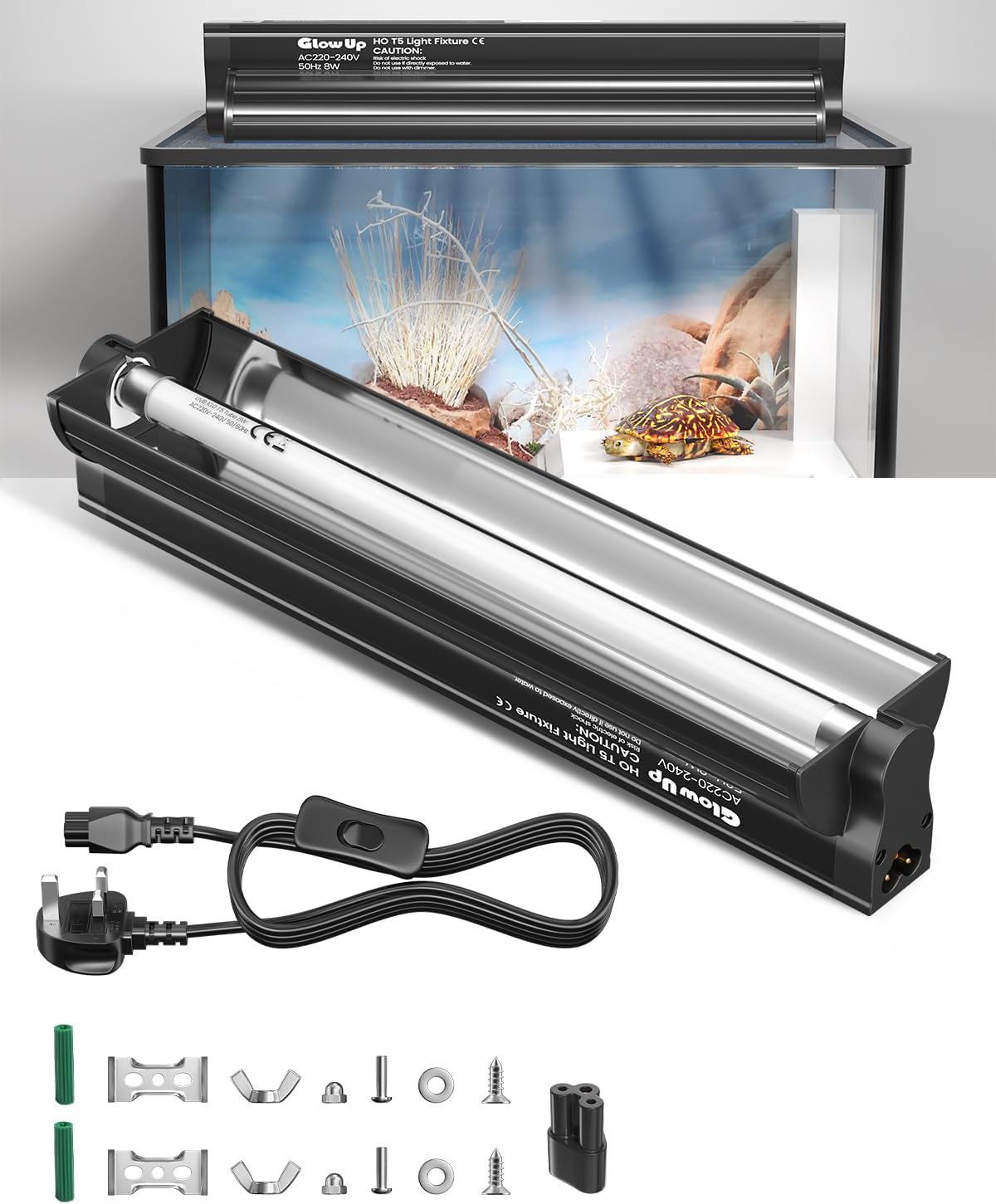 GlowUp 8W T5 UVB Light Reptile Kit, 10% UVB for Tropical Desert Reptiles, 31.5cm / 12.4in UVB Reptile Light Fixture with High Output T5 10.0 UVB Tube for Bearded Dragon, Lizard, Tortoise, Gecko