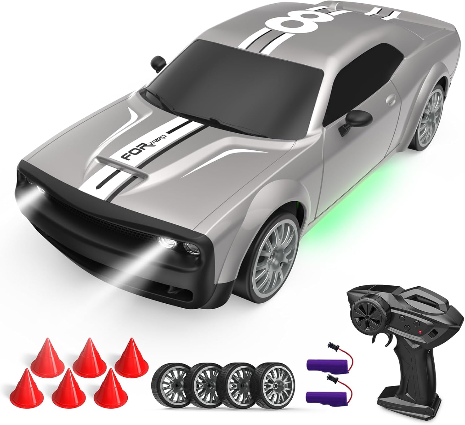 RC Drift Car Remote Control Car 2.4GHz 1:20 Scale 4WD 20KM/H High Speed Remote Control Cars Vehicle with LED Lights Drifting Tire 2Pcs Rechargeable Batteries Toy Cars for Adults Boys Girls (Silver)