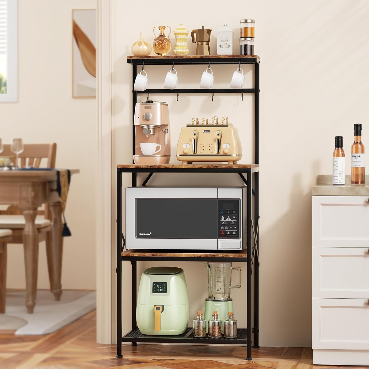 Kitchen Bakers Rack with Storage Shelves, Small Coffee Bar Cart with 8 Hooks, 4 Tiers Microwave Stand Station with Adjustable Shelves, Freestanding Kitchen Appliance Organizer, Rustic Brown