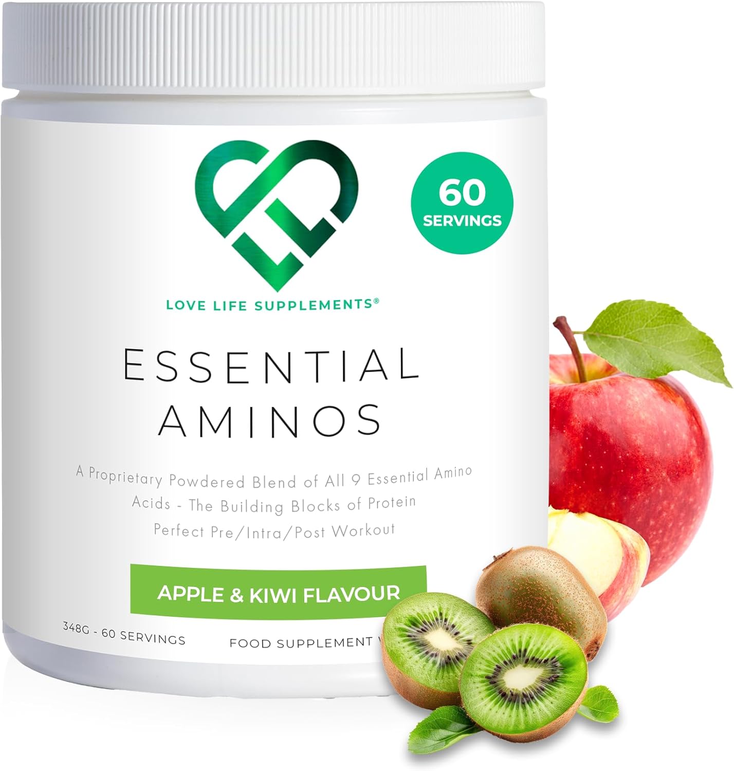 EAA Amino Acids Powder, All 9 Essential Amino Acids Including BCAA's and 2 Grams of Leucine per Serving, Apple & Kiwi Flavour, 348g - 60 Servings (5g of EAA's per Serving) - Love Life Supplements