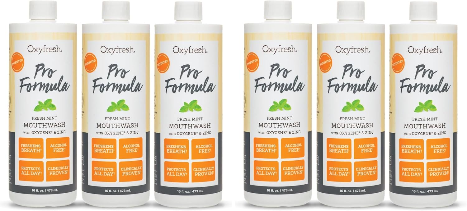 Oxyfresh Pro Formula Fresh Mint Mouthwash – Patented Zinc Mouthrinse for Fresh Breath, Healthy Gums & Bad Breath Treatment for Adults - Dye, Fluoride & Alcohol Free (16 oz Pack of 6)