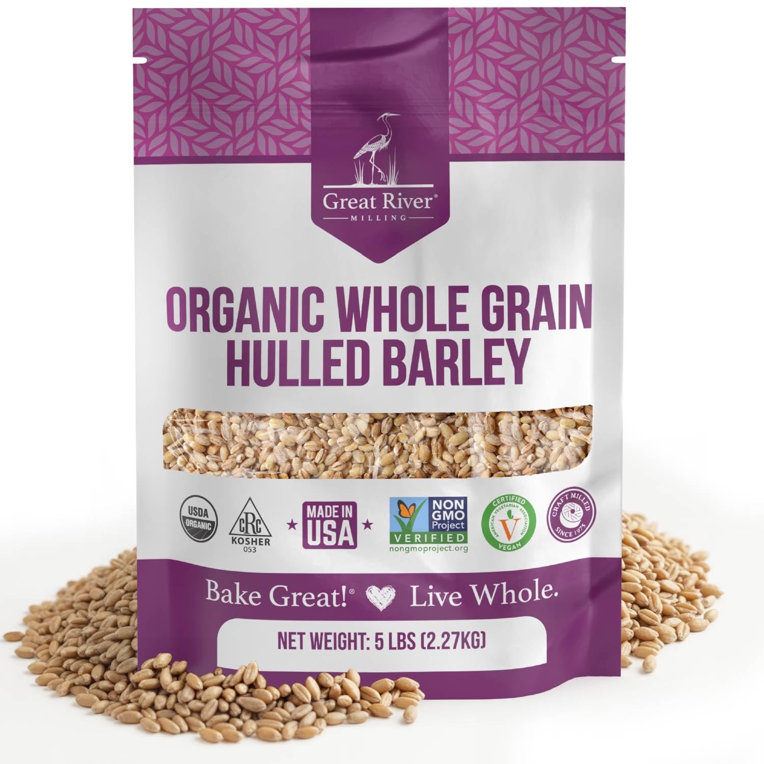 Great River Milling Organic Hulled Barley, Whole Grain, 5 lb