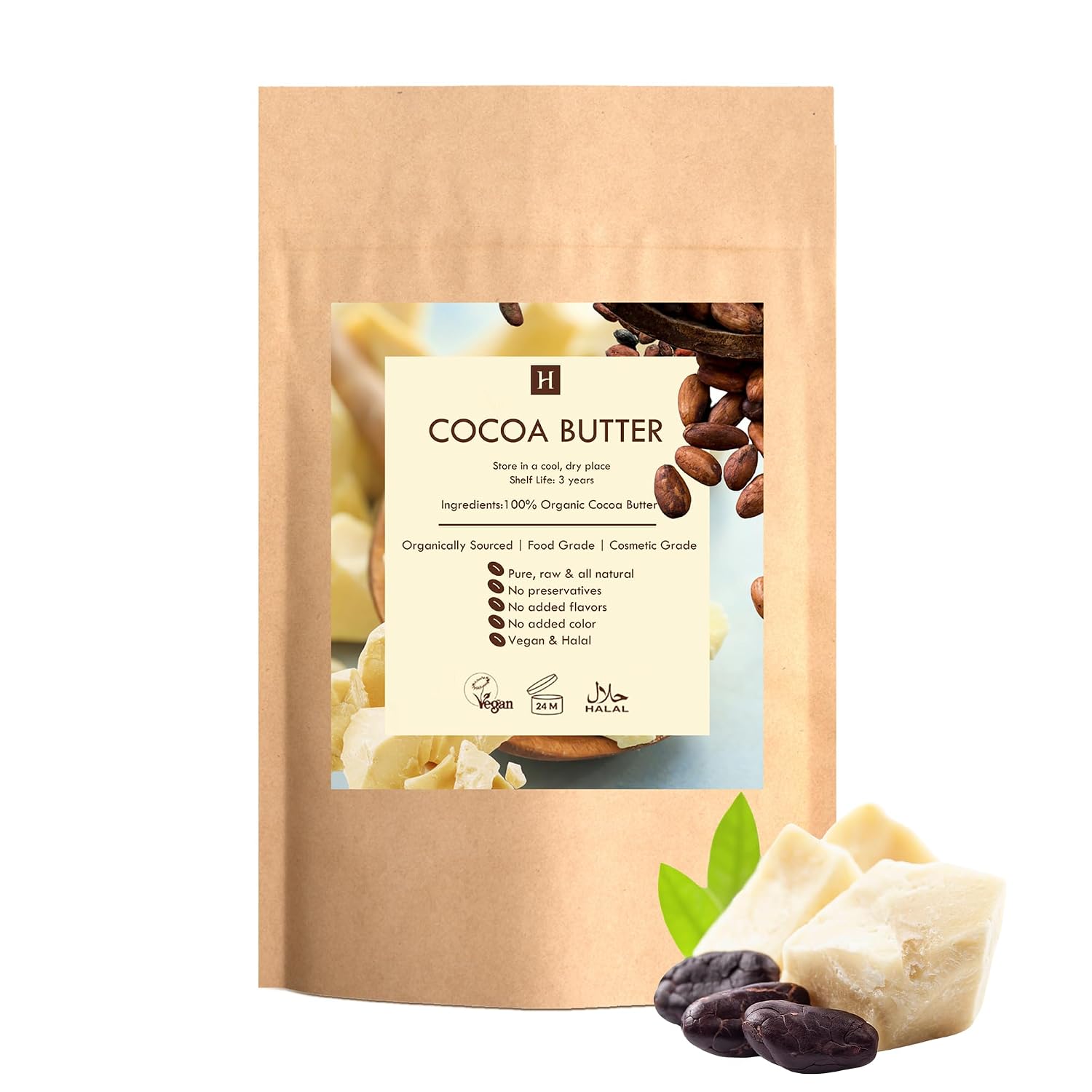 Cocoa (Cacao Butter) Butter, Pure, Raw, Unprocessed. Incredible Quality and Scent. Use for Lotion, Cream, Lip Balm or Body Butter. NON-GMO, Vegan - 1 lb By SaaQin®