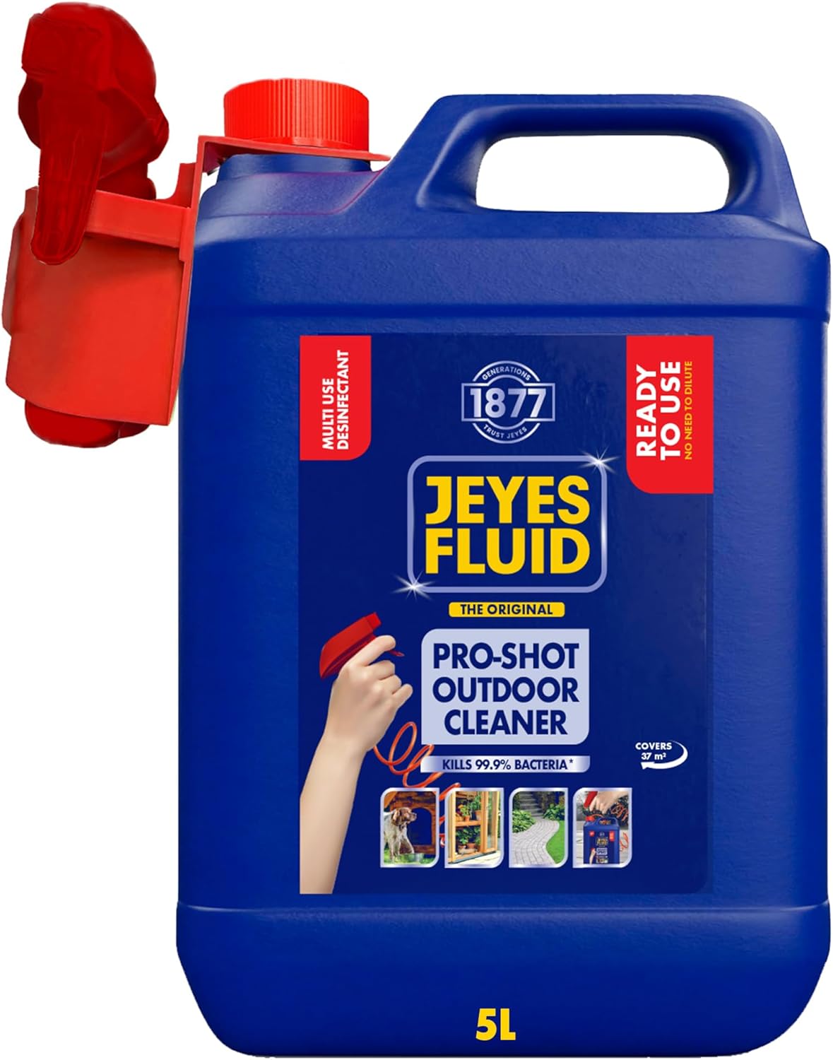Jeyes Fluid Outdoor Cleaner Pro Shot (5 Litre) – Ready to Use Disinfectant Liquid, No Dilution (Covers 37m²) – Patio Cleaner Fluid for Furniture, Pots, Tools or Pet Housing – Kills 99.9% Bacteria