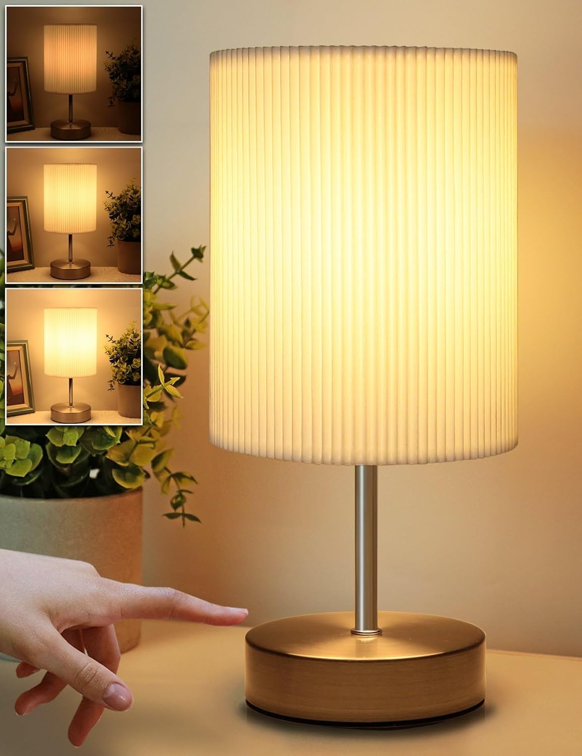 Bedside Lamps, Touch Control Table Lamp 3-Way Dimmable Small Lamp with 3D Pleats Fabric Shade LED Minimalist Nightstand Warm White for Christmas Xmas Bedroom Living Room Gift Decor