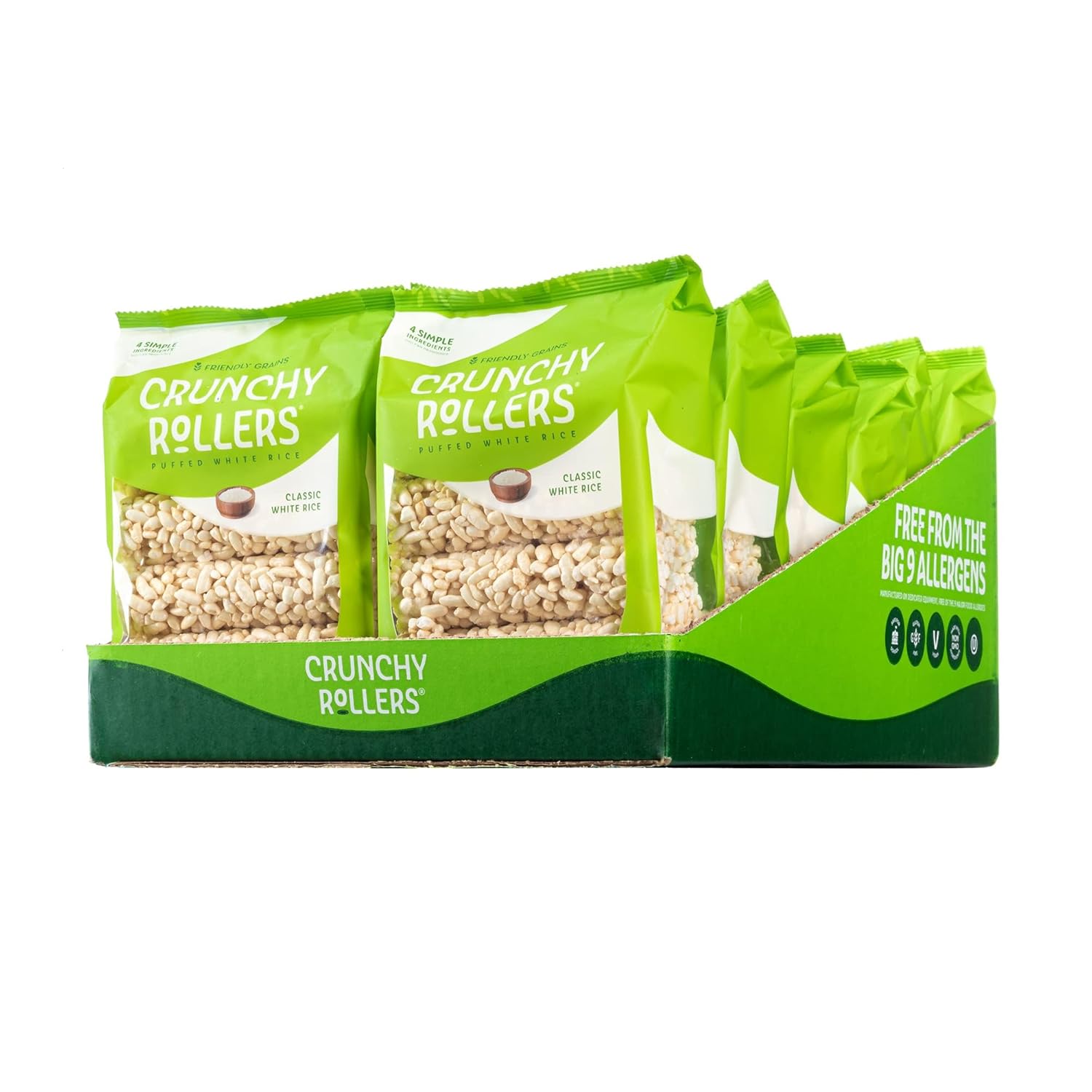 Classic White Rice Crunchy Rollers - Sweet Rice Snacks, Crispy Puffed Rolls, Healthy Snack Rolls for Adults and Kids - Friendly Grains - 3.5 oz Individual Packs (12 Packs of 8)