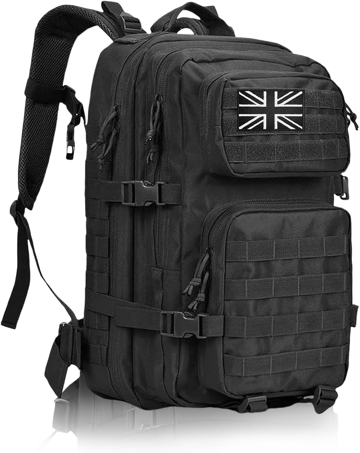 Geebymol 45L Military Tactical Backpacks Large Molle Army Assault Pack 3 Day Bug Out Bag Laptop Bag for Hiking Treeking Black Hunting Rucksack with 4 Flag Patches