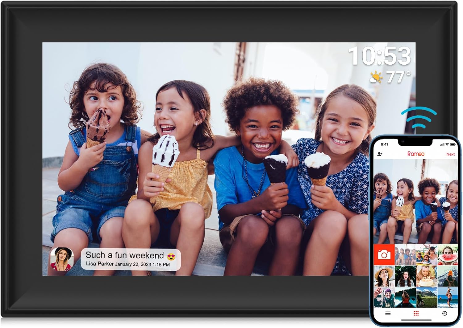 Digital Photo Frame, WiFi 10.1 Inch Digital Picture Frame Built in 32GB Storage Auto-Rotation Use SD Card/USB Driver, 1280x800 Touch Screen, Share Moments Instantly via Frameo App