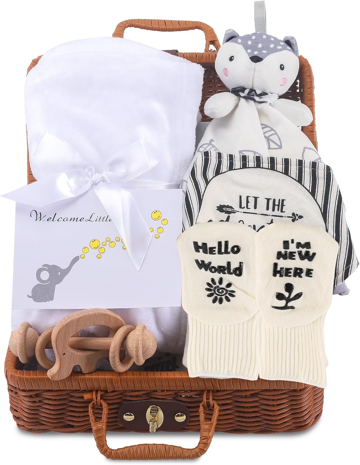 Newborn Baby Gift Set, Baby Birth Gift for Boys and Girls, 7 in 1 Set - A Baby Blanket, Lovey Security Blanket, Bib, Wooden Rattle Toy, Socks, Welcome Card, Deluxe Gift Box