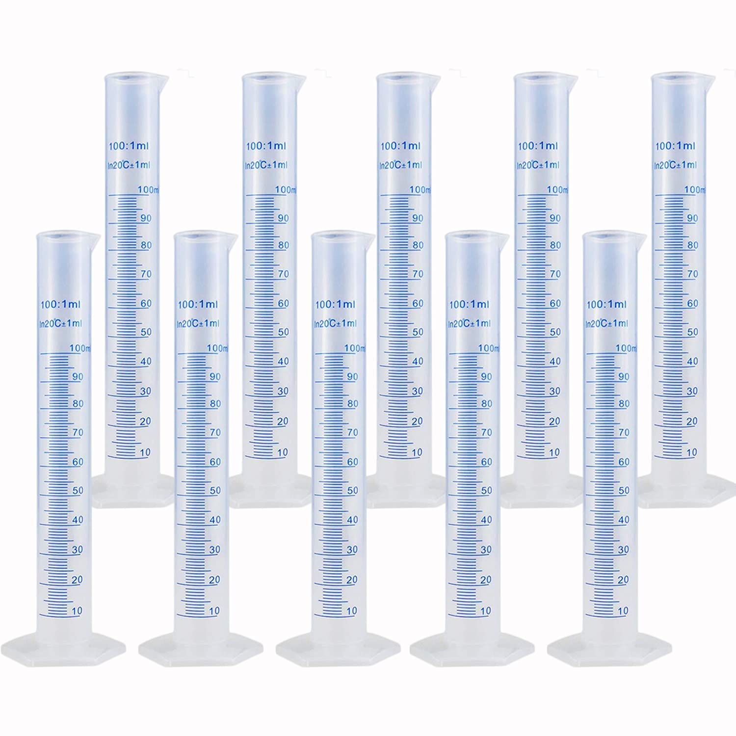 10Pack 100ml Plastic Graduated Cylinder, 2-Sided Marking Lab Cylinders | Plastic Measuring Cylinder Set, Clear Science Measuring Cylinder for Home and Laboratory Supplies