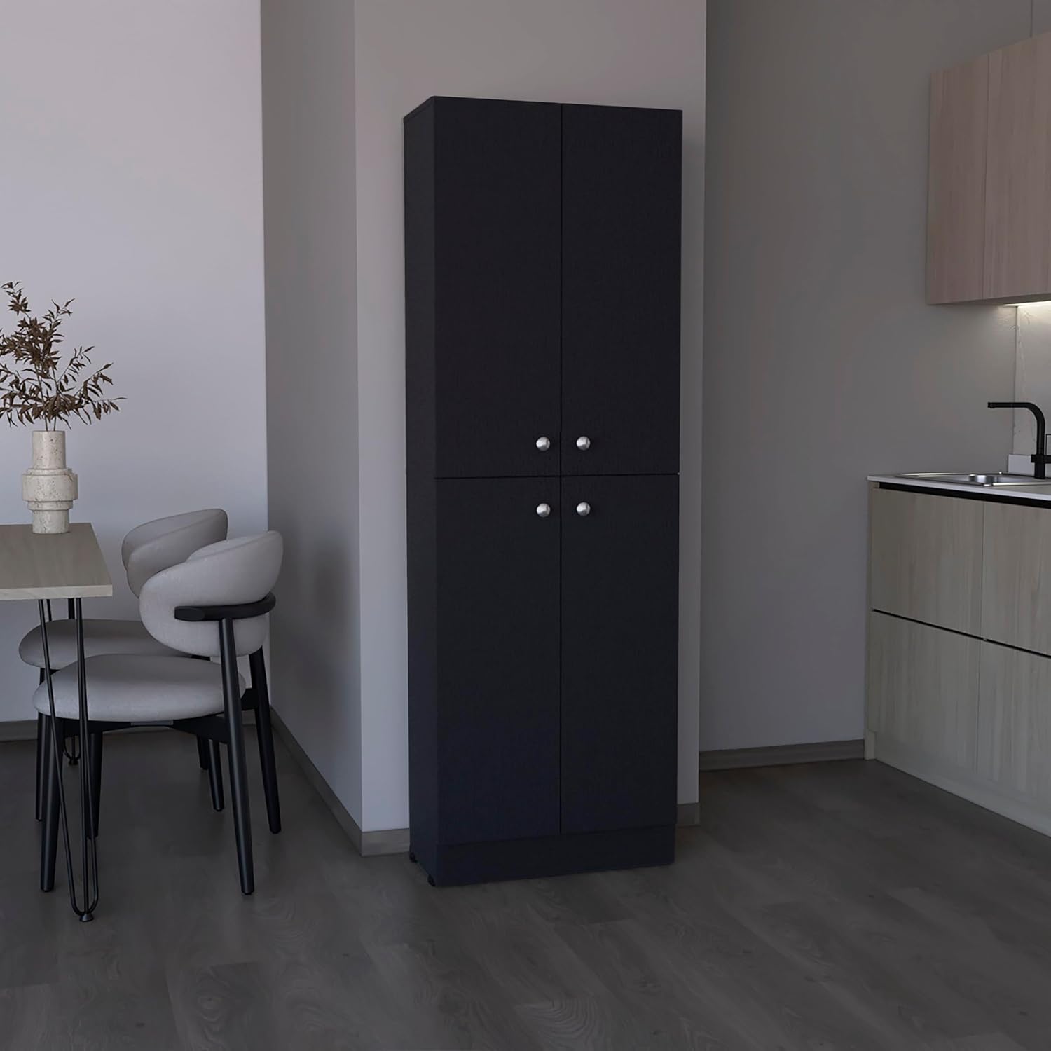 Elegant Kitchen Pantry for -Free Living, 4 Doors with 5 Adjustable Shelves, Sleek Black Finish