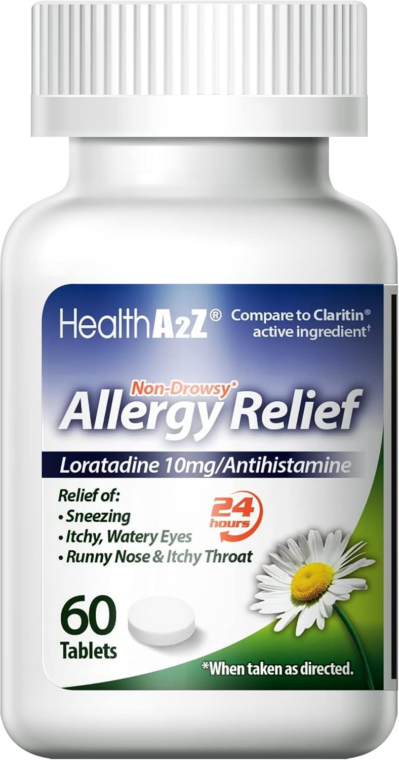 HealthA2Z® Allergy Relief | Loratadine 10mg | Antihistamine | Non-Drowsy | Relief from Itchy Throat, Sneezing, Runny Noses |24-Hours Allergy Medicine (60 Tablets)