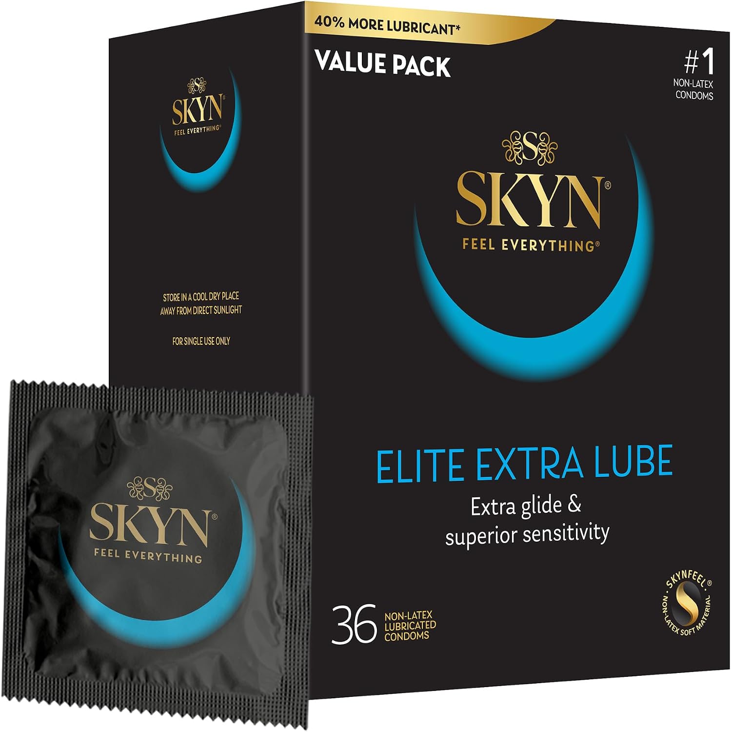 SKYN Elite Extra Lube Condoms – 36 Count – Ultra-Thin, Lubricated Latex-Free Condoms with Extra-Silky Lubricant
