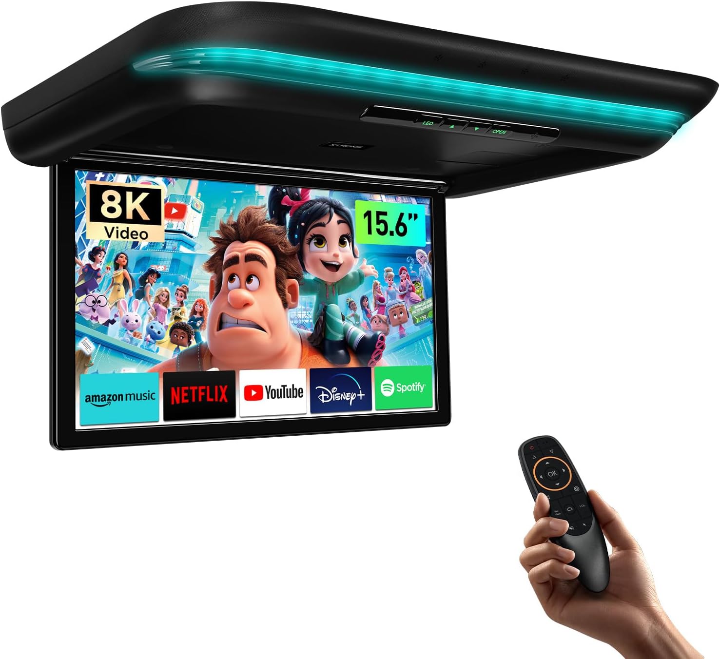 XTRONS 15.6 Inch Motorized Car Overhead Player, 8K FHD IPS Screen Android Car Roof Mount Monitor Built-in Stereo Speakers, Auto Flip Down Car Monitor Support HDMI USB Input