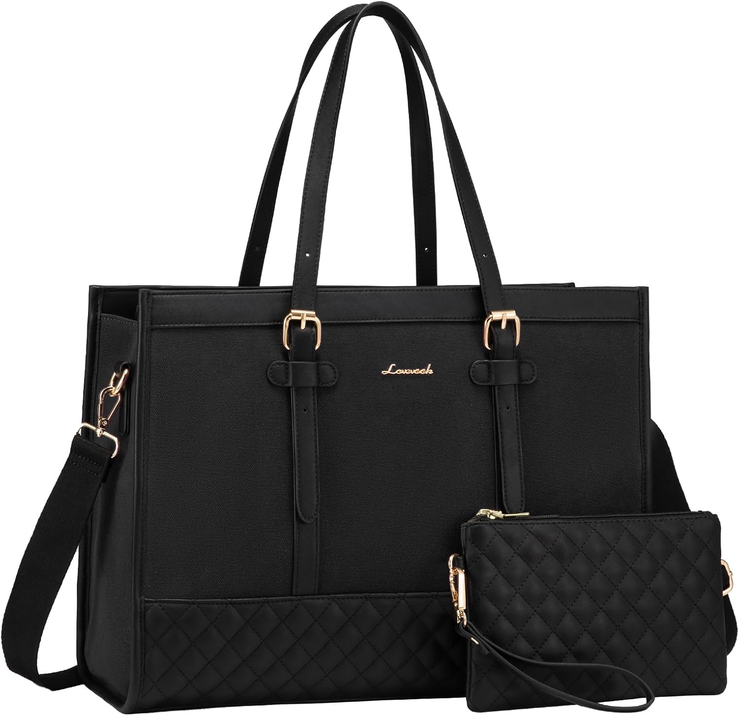 LOVEVOOK Laptop Bags for Women 15.6 Inch, Ladies Handbags for Work Business, Womens Large Tote Bag, Leather Shoulder Bag with Clutch Lightweight for Office Business School College Shopping, Black