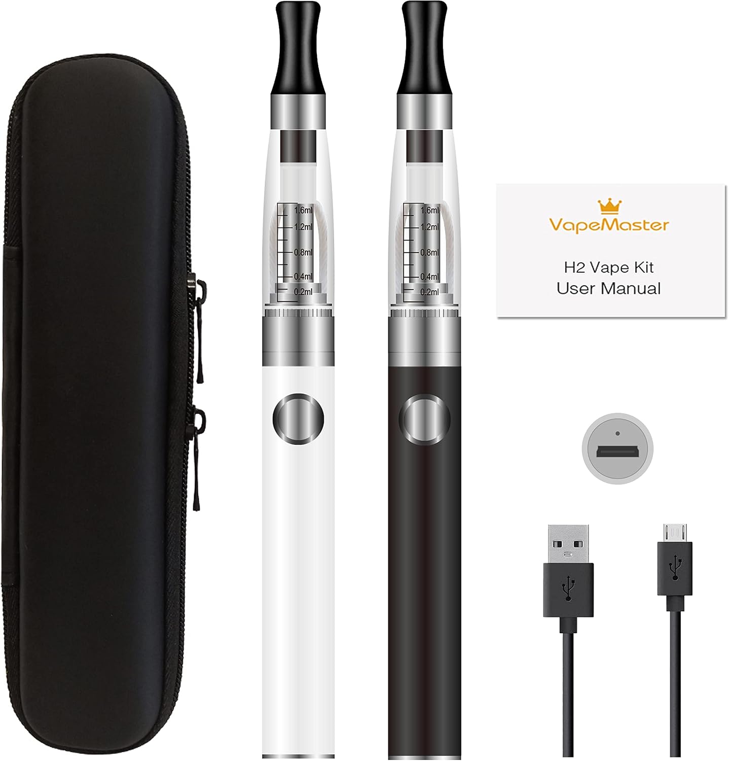 E Cigarettes Vape Pens Starter Kit VapeMaster H2 Dual Vape Pens, Easy To Fill And Charge, Long Lasting Battery, Pure Taste - No E-liquid, No Nicotine (Black White)