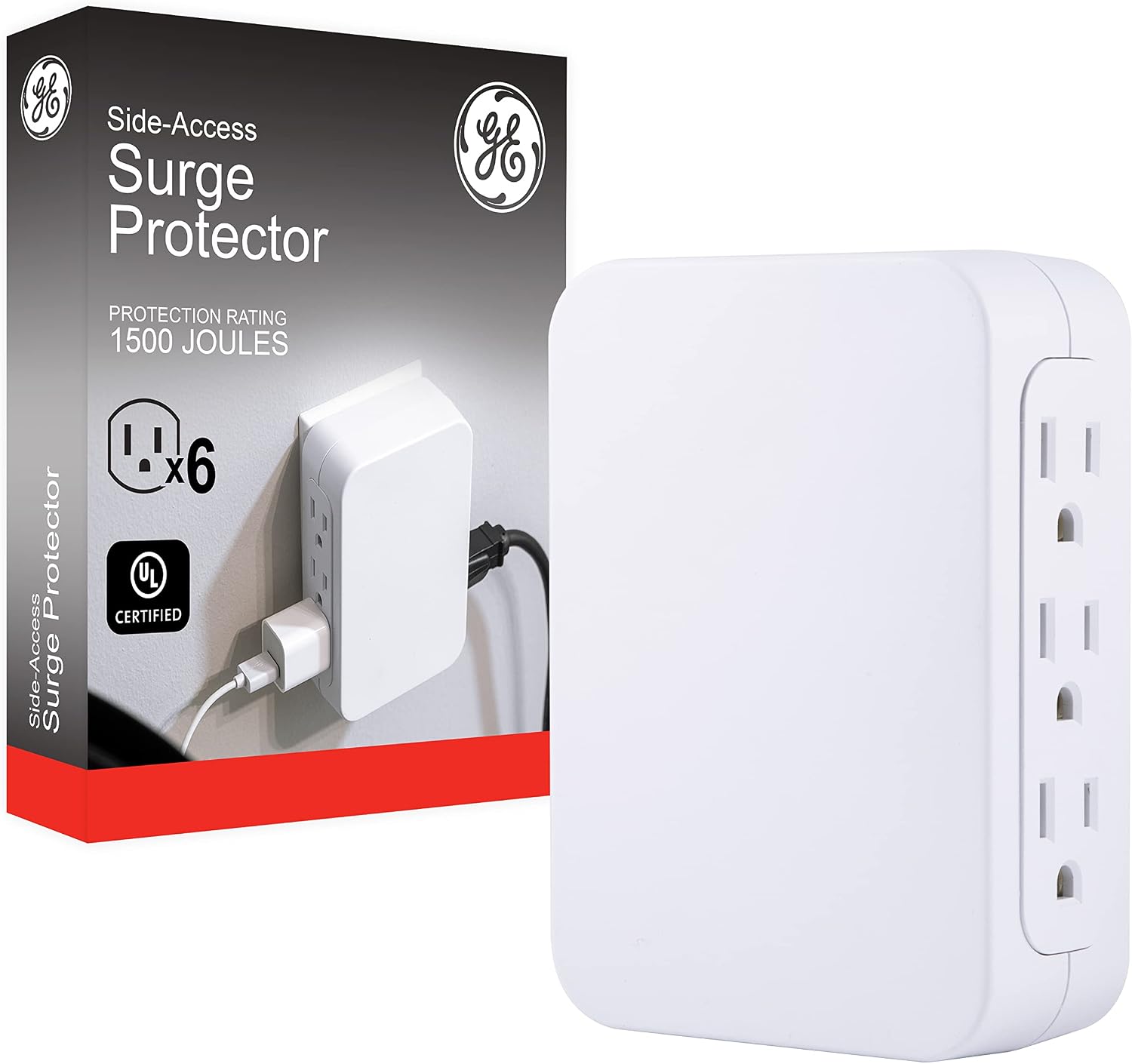 GE Pro 6-Outlet Extender, Surge Protector, Side Access, Wall Tap Adapter, 3-Prong, 1200 Joules, Warranty, UL Listed, White, 10353
