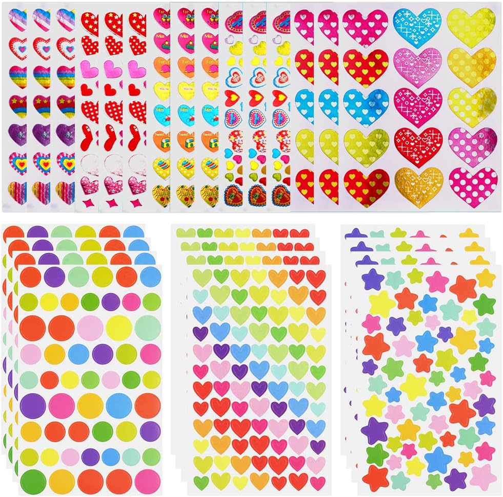 OSDUE Star Stickers for Kids, 1814 PCS 27 Sheets Assorted Coloured Shaped Mini Teacher Reward Sticky Scrapbook Stars for Arts Crafts, Heart and Star Papeterie Stickers - Gifts for Christmas Decor