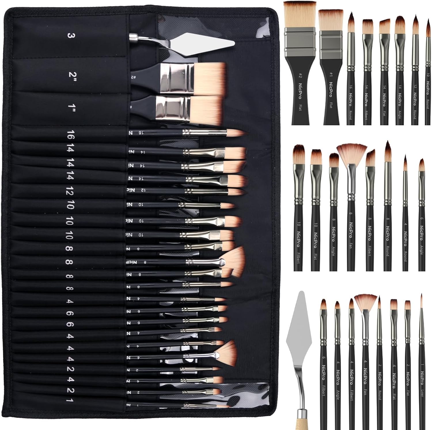 Nicpro 26pcs Paint Brush Set, Professional Paintbrushes with Palette Knife, Craft Paint Brushes for Acrylic Painting, Oil, Watercolor, Gouache & Canvas, Drawing & Art Supplies for Adults, Kids Artists
