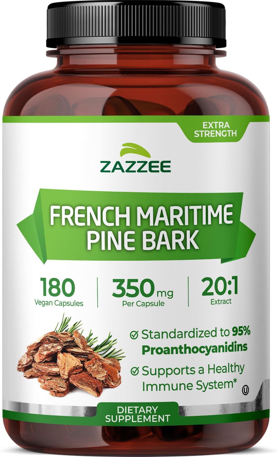 Zazzee Extra Strength French Maritime Pine Bark Extract 20:1, 180 Capsules | 350 mg Per Capsule, 95% Proanthocyanidins, Vegan, 6 Month Supply, Certified Kosher, Antioxidant Support, Non-GMO, Made in USA