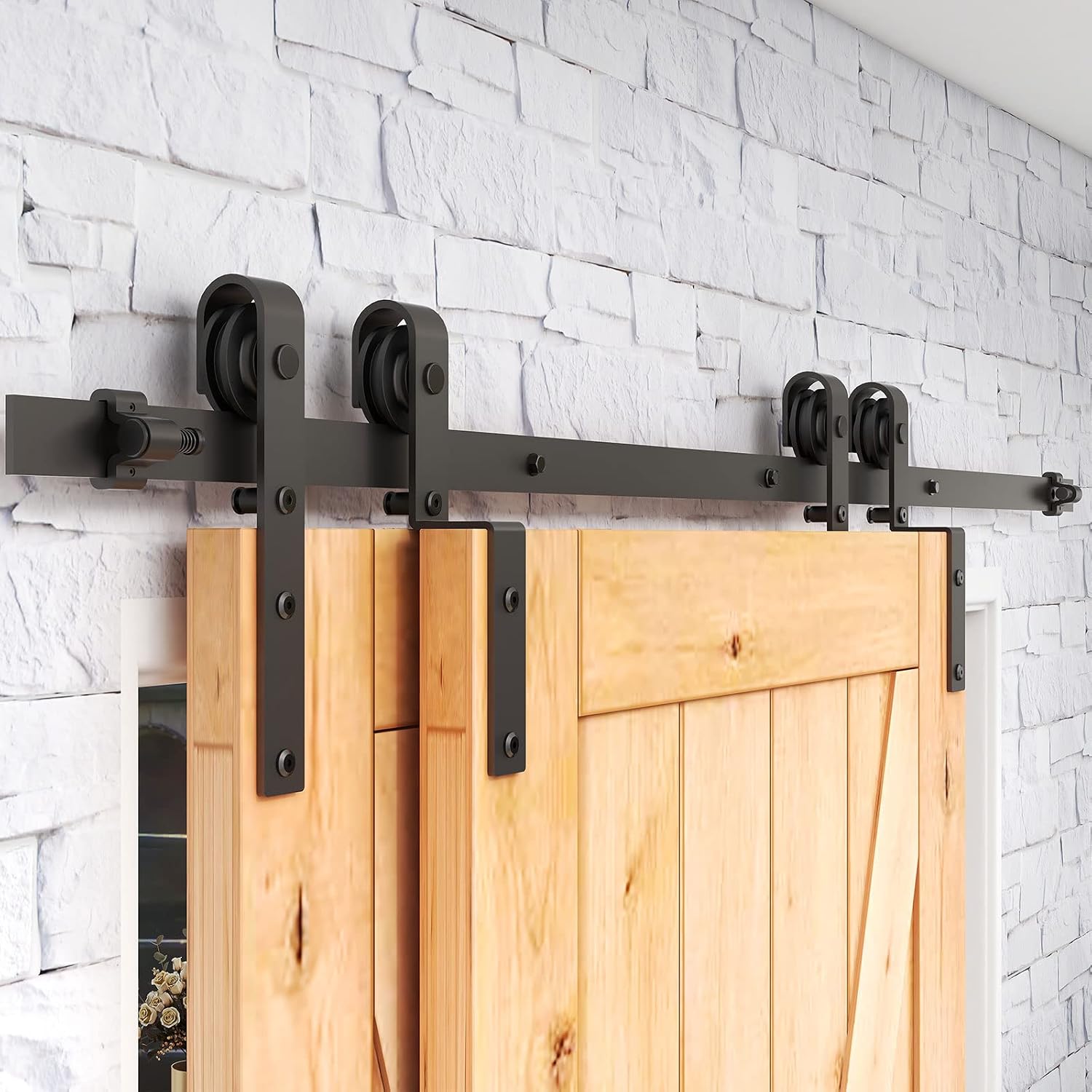4-14FT Bypass Sliding Barn Door Hardware Kit Single Track System Carbon Steel Basic Roller Hanger Easy to Install Fit Double 40" Wide Doors Panels (6.6ft Single Track Bypass)