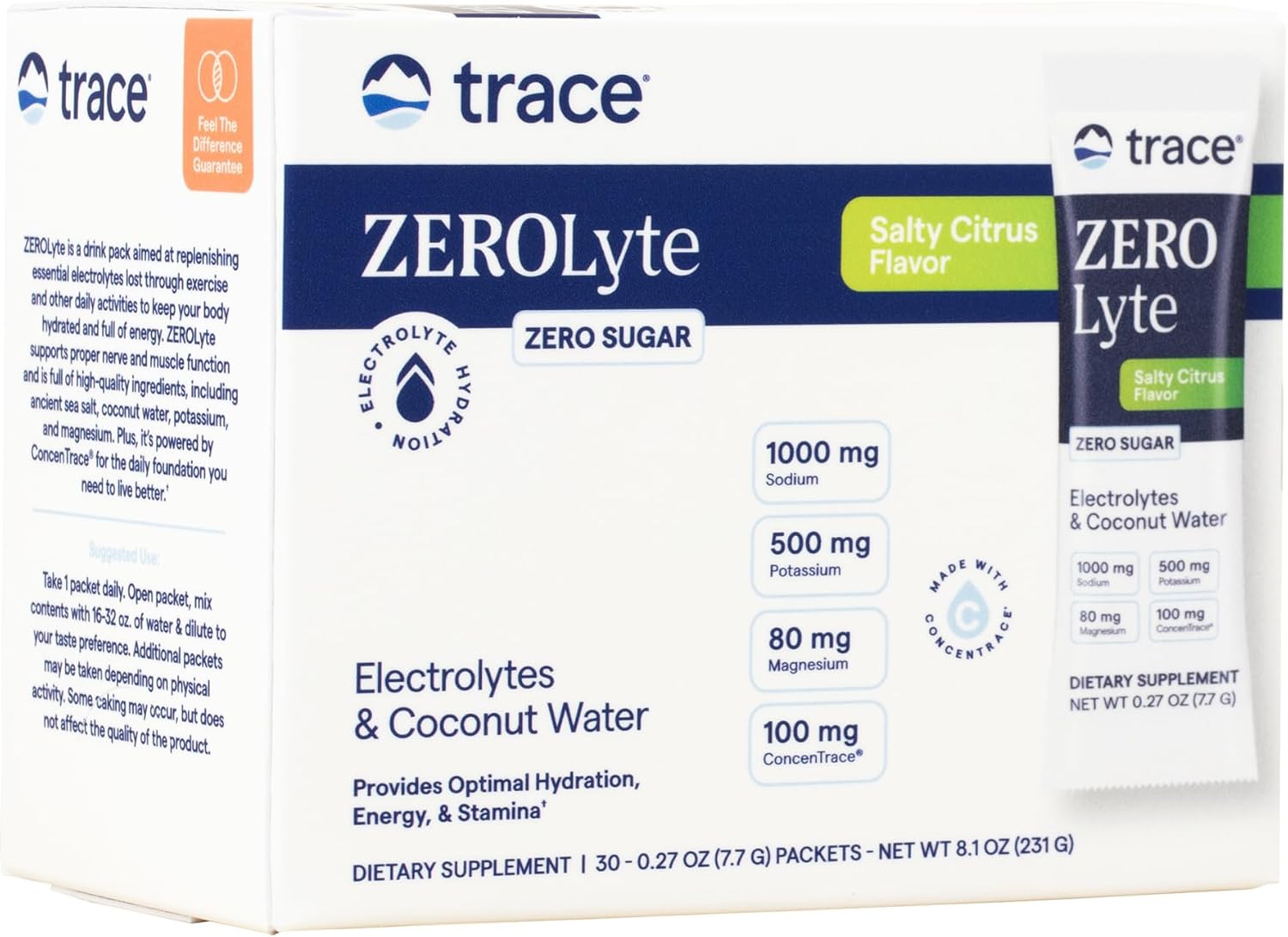 Trace Minerals ZeroLyte - Sodium & Electrolyte Replenishment - Energy & Hydration Support Drink Powder - Nerve & Muscle Function Support - Salty Citrus, 30 Packets (30 Servings)