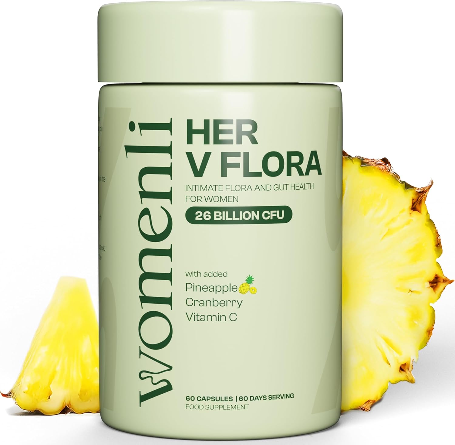 Prebiotics & Probiotics for Women - 26 Billion CFU Flora with Cranberry, Vitamin C & Pineapple | Bio Cultures for Women's Intimate Flora & Gut Health | 60 Vegan Capsules | Her V Flora by Womenli
