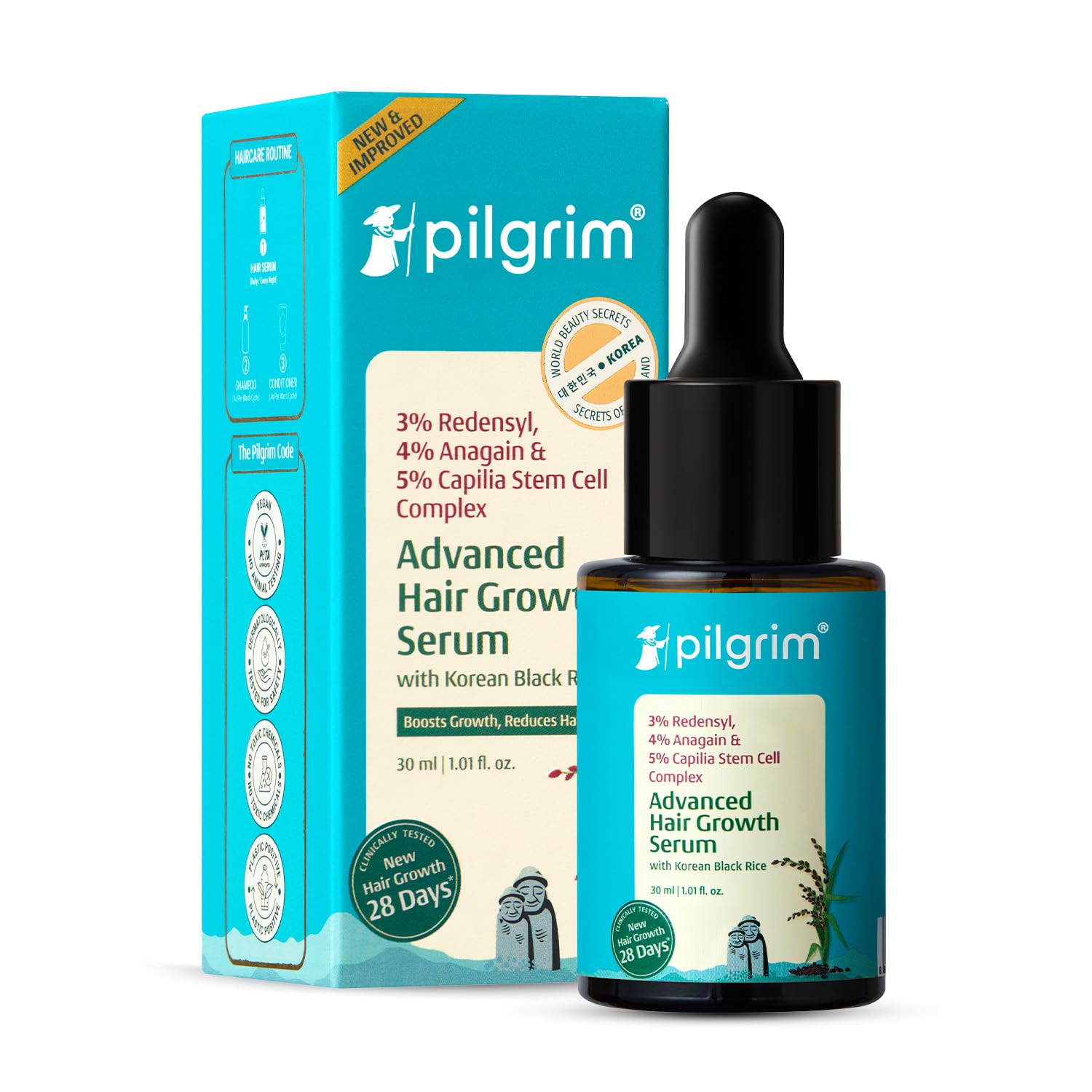 Pilgrim Advanced Hair Growth Serum with Redensyl 3%, Anagain 4% & Baicapil | Hair Fall Control & Regrowth | Korean Black Rice | For Men & Women, 1.01 Fl Oz (30ml)