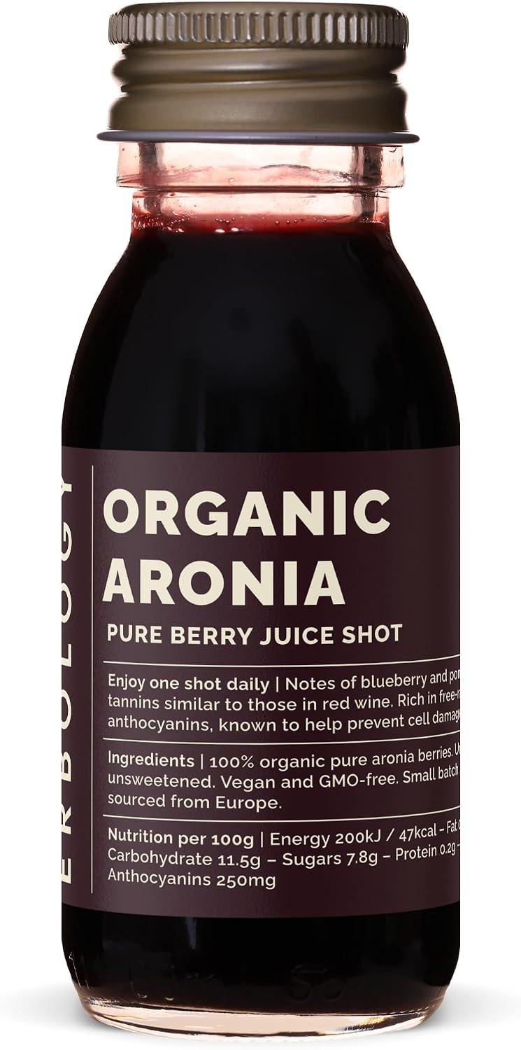 Erbology Organic Aronia Berry Juice 12 Daily Shots (60ml) - Glowing Skin - Rich in Anthocyanins - Straight from Farm in Europe - Undiluted - No Added Sugar - Non-GMO - Recyclable Glass Bottle