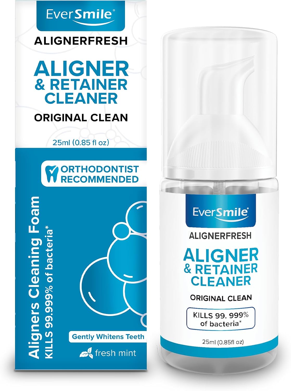 EverSmile AlignerFresh Original Clean Foam – Cleaner Compatible w/Invisalign and All Clear Aligners & Retainers – Eliminates Bacteria, Whitens Teeth, Fights Bad Breath – 25ml (1 Pack)